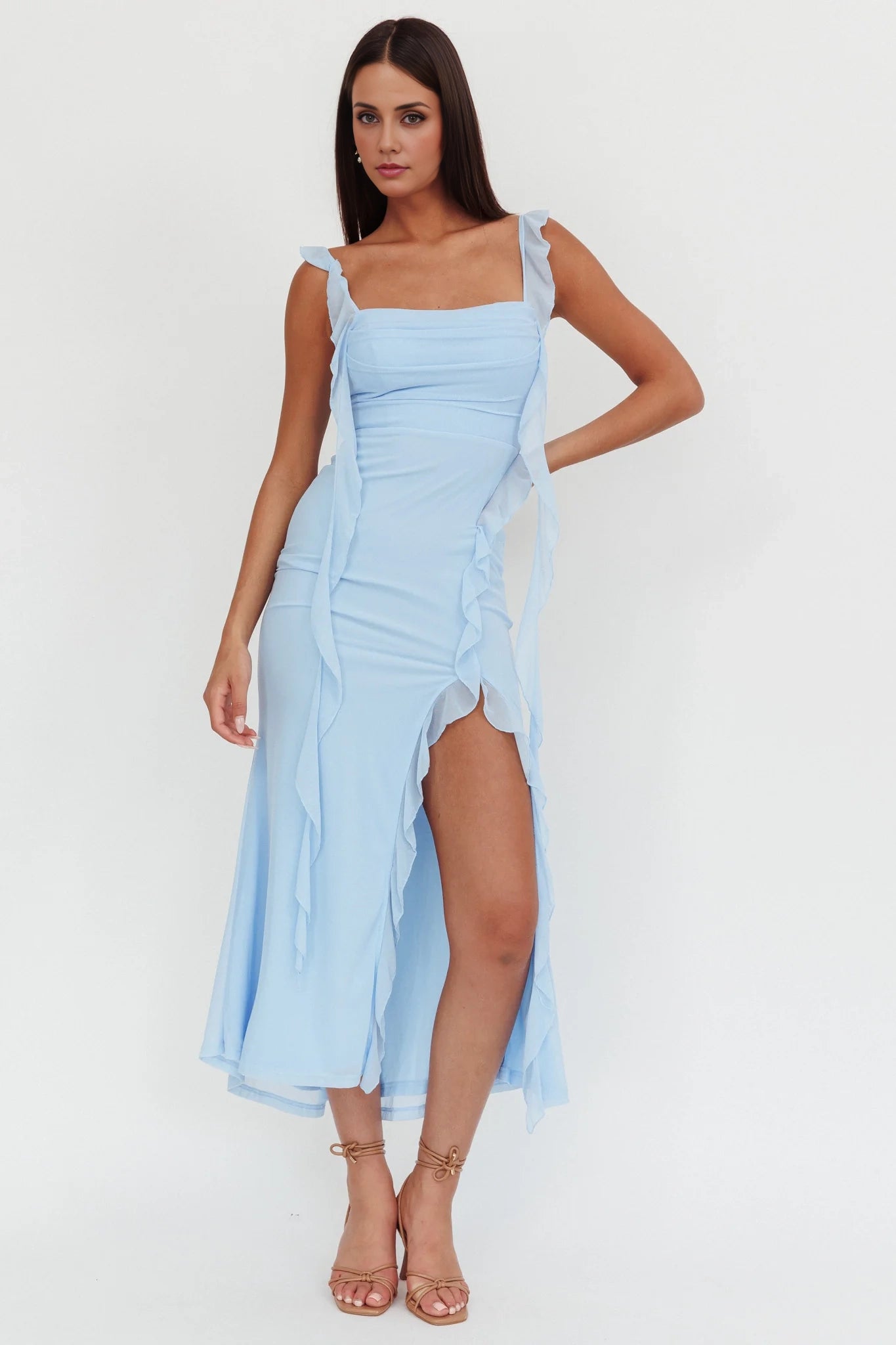 Enchanting ruffled mesh with extra long ruffled shoulder straps and pleated details on the chest bridesmaid dress
