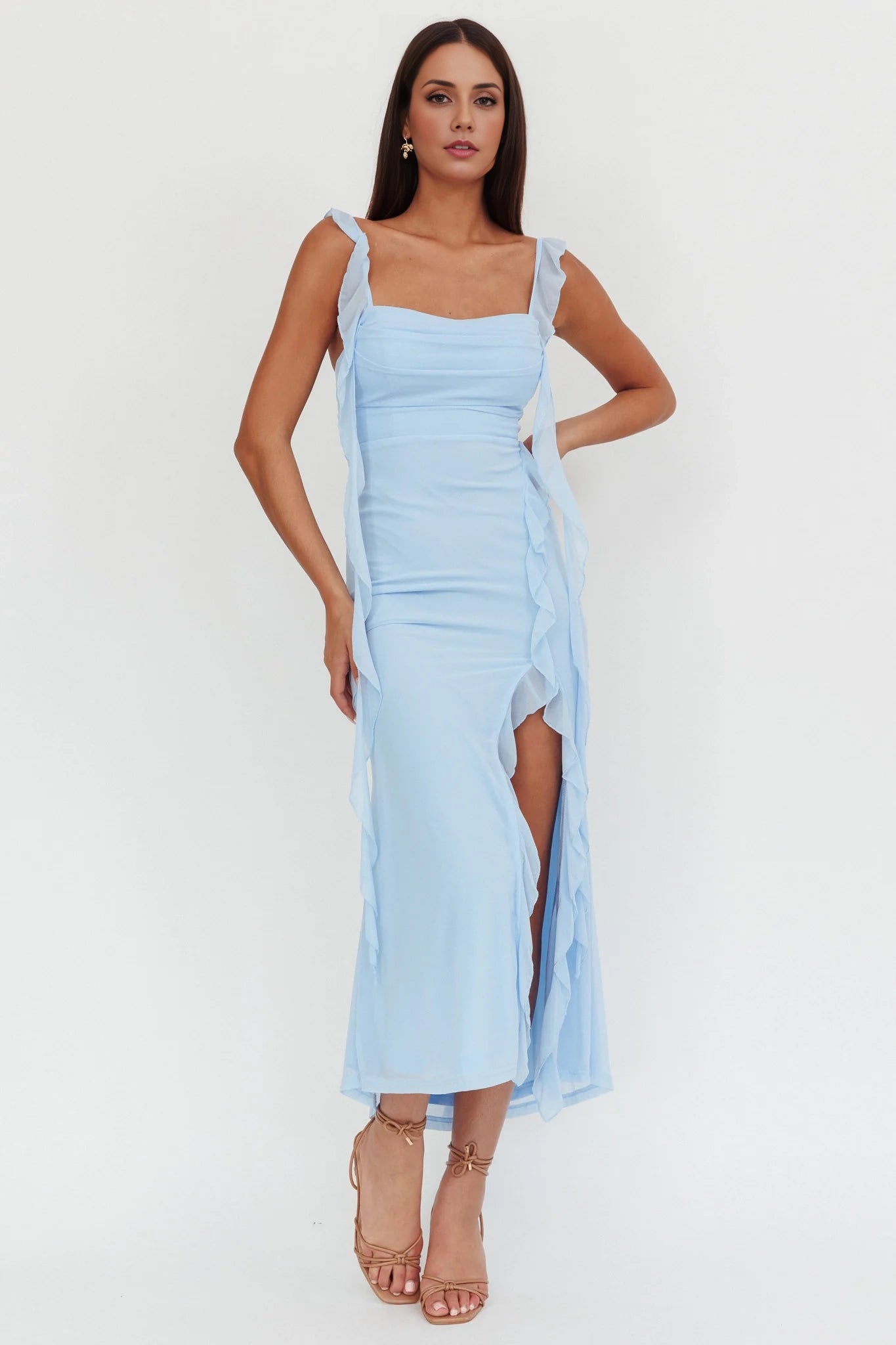 Enchanting ruffled mesh with extra long ruffled shoulder straps and pleated details on the chest bridesmaid dress