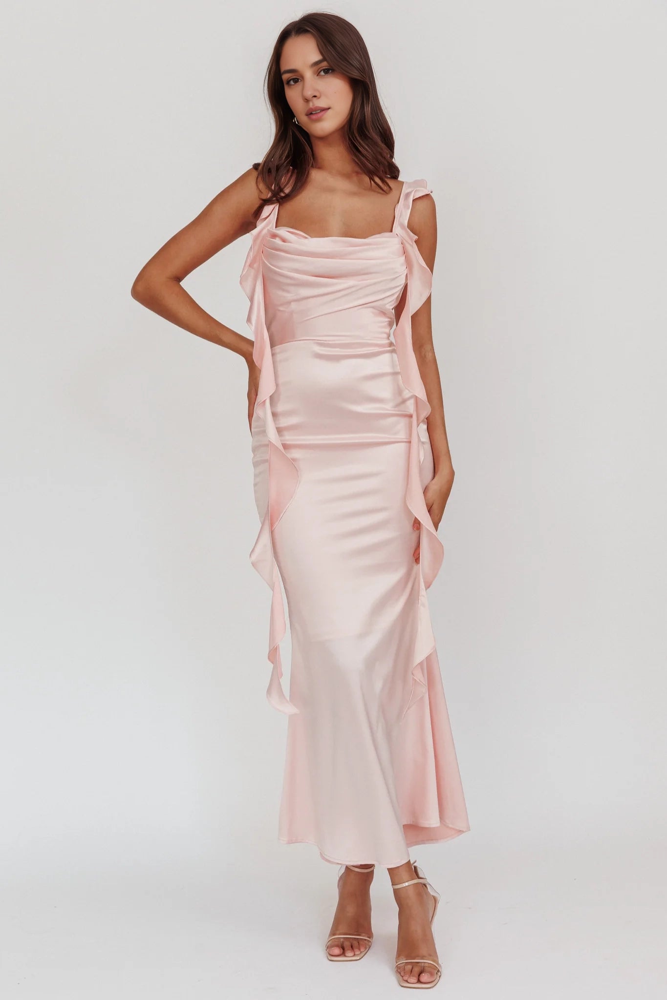 Enchanting ruffled shoulder straps with long pleated texture chest, Homecoming Dresses