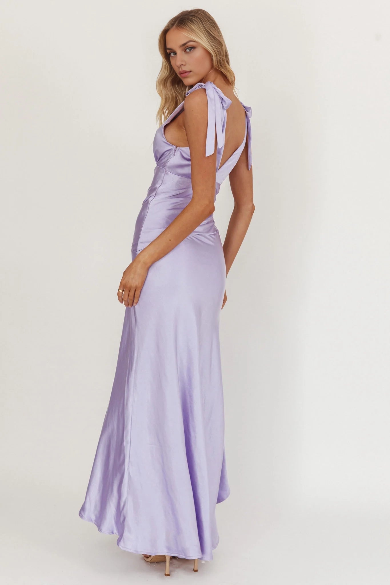 Enchanting shoulder tied high and low, waist cinched bridesmaid dress