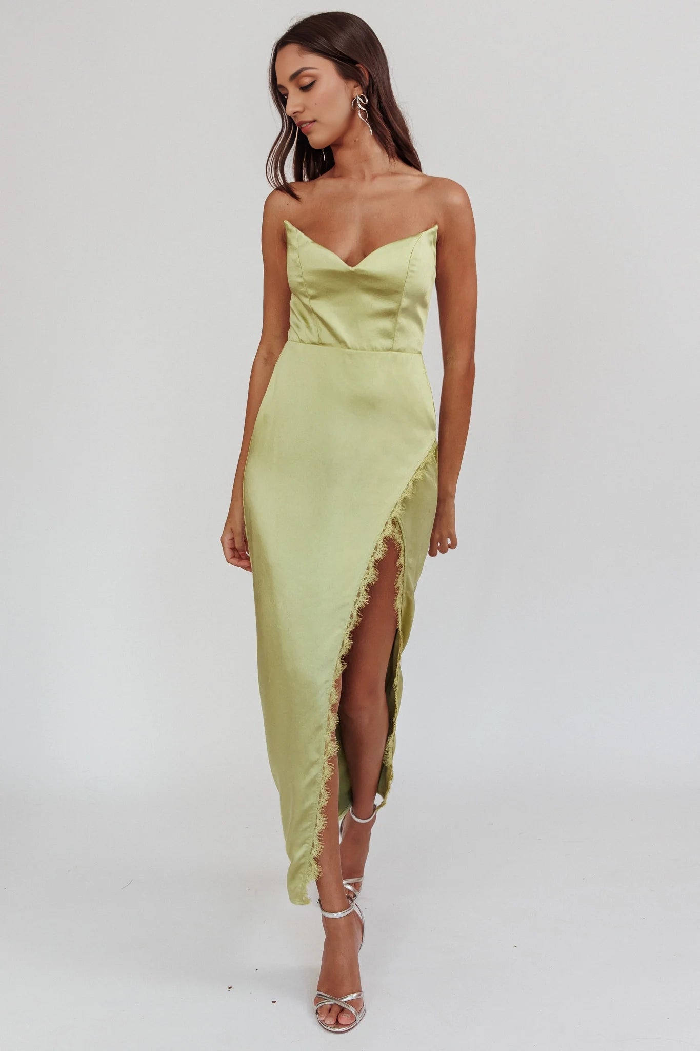 Enchanting strapless lace trimmed satin off the shoulder long Homecoming Dresses