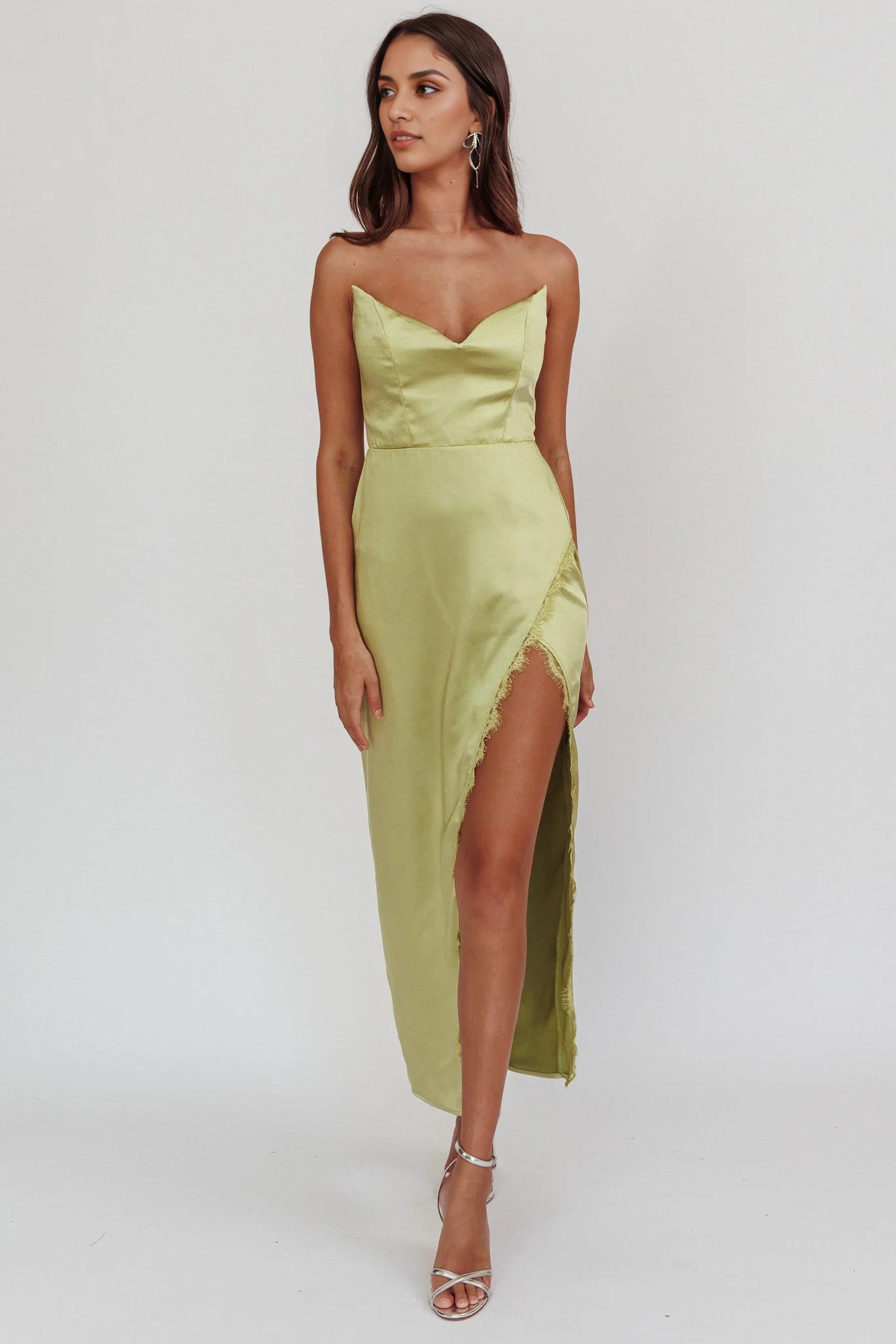 Enchanting strapless lace trimmed satin off the shoulder long Homecoming Dresses