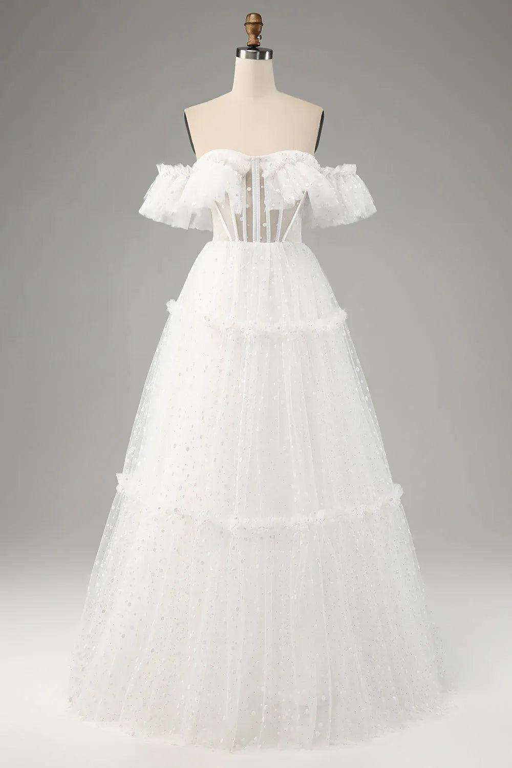 Ethereal Effect Illusion Neck Sheer Puff Sleeve Floral Lace Bridal Dress
