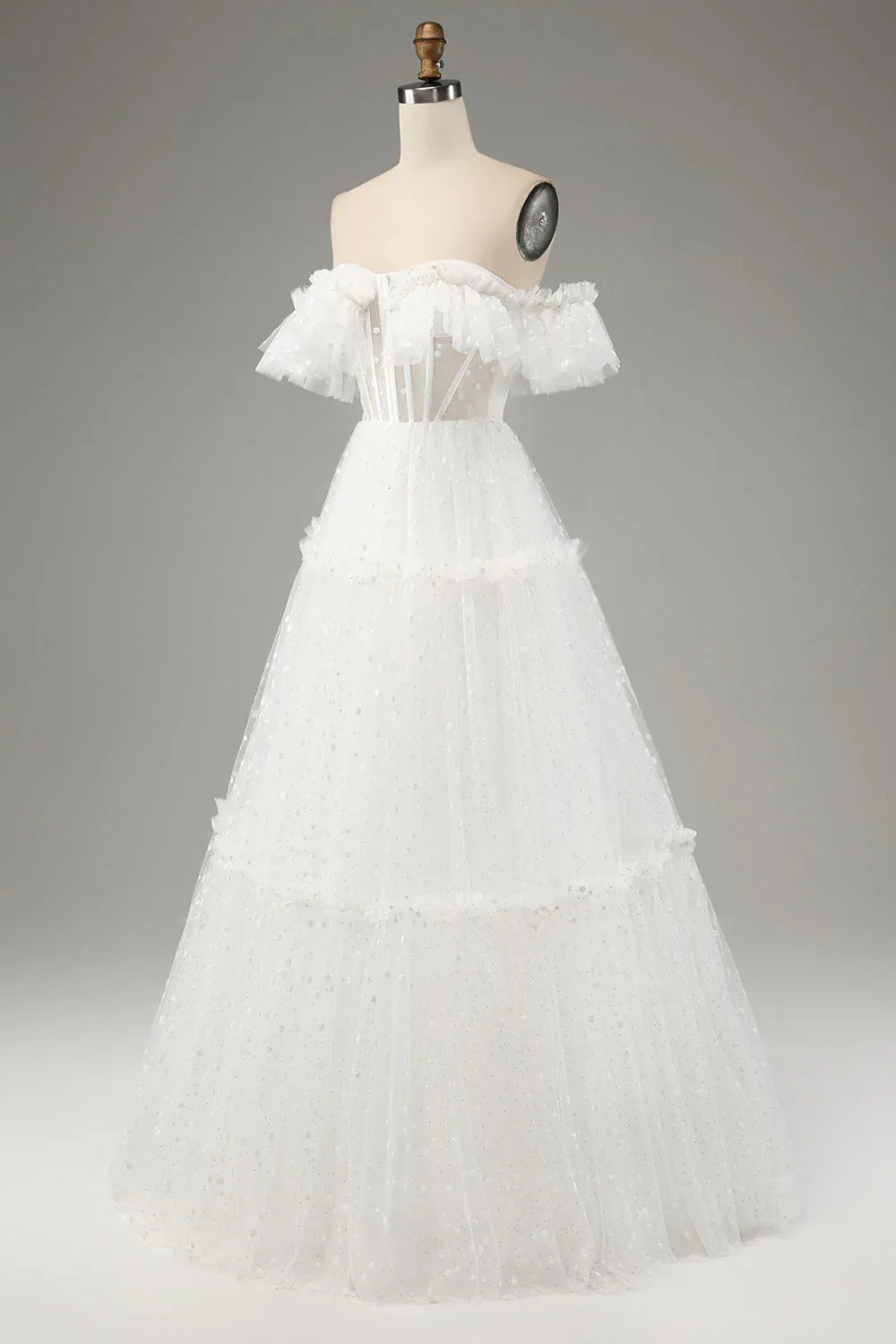 Ethereal Effect Illusion Neck Sheer Puff Sleeve Floral Lace Bridal Dress