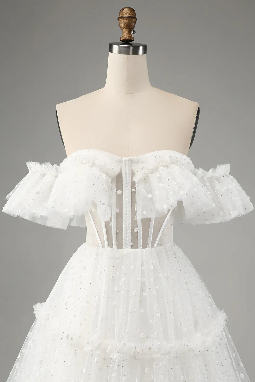 Ethereal Effect Illusion Neck Sheer Puff Sleeve Floral Lace Bridal Dress