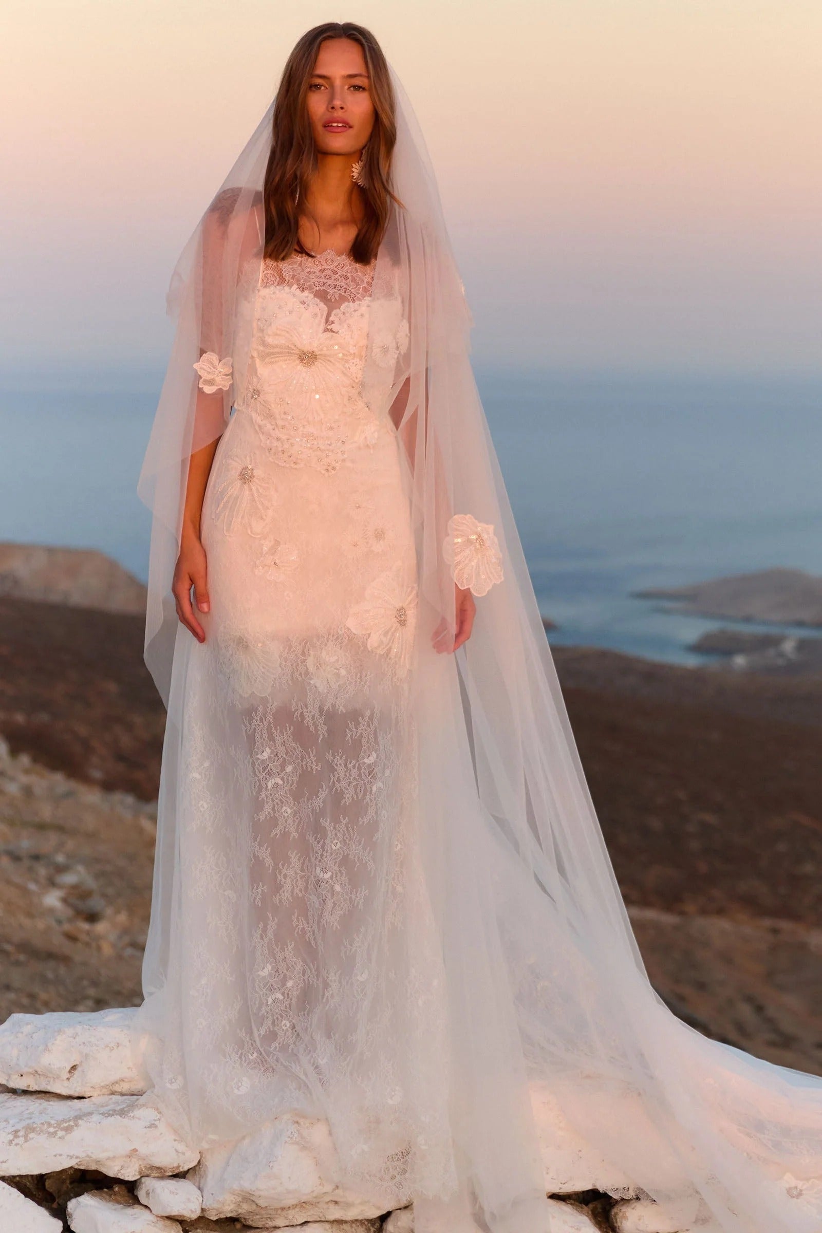 Ethereal Spaghetti Strap 3D Floral Sequin Sheer Tulle Wedding Dress with Detachable Lace Sleeves and Veil