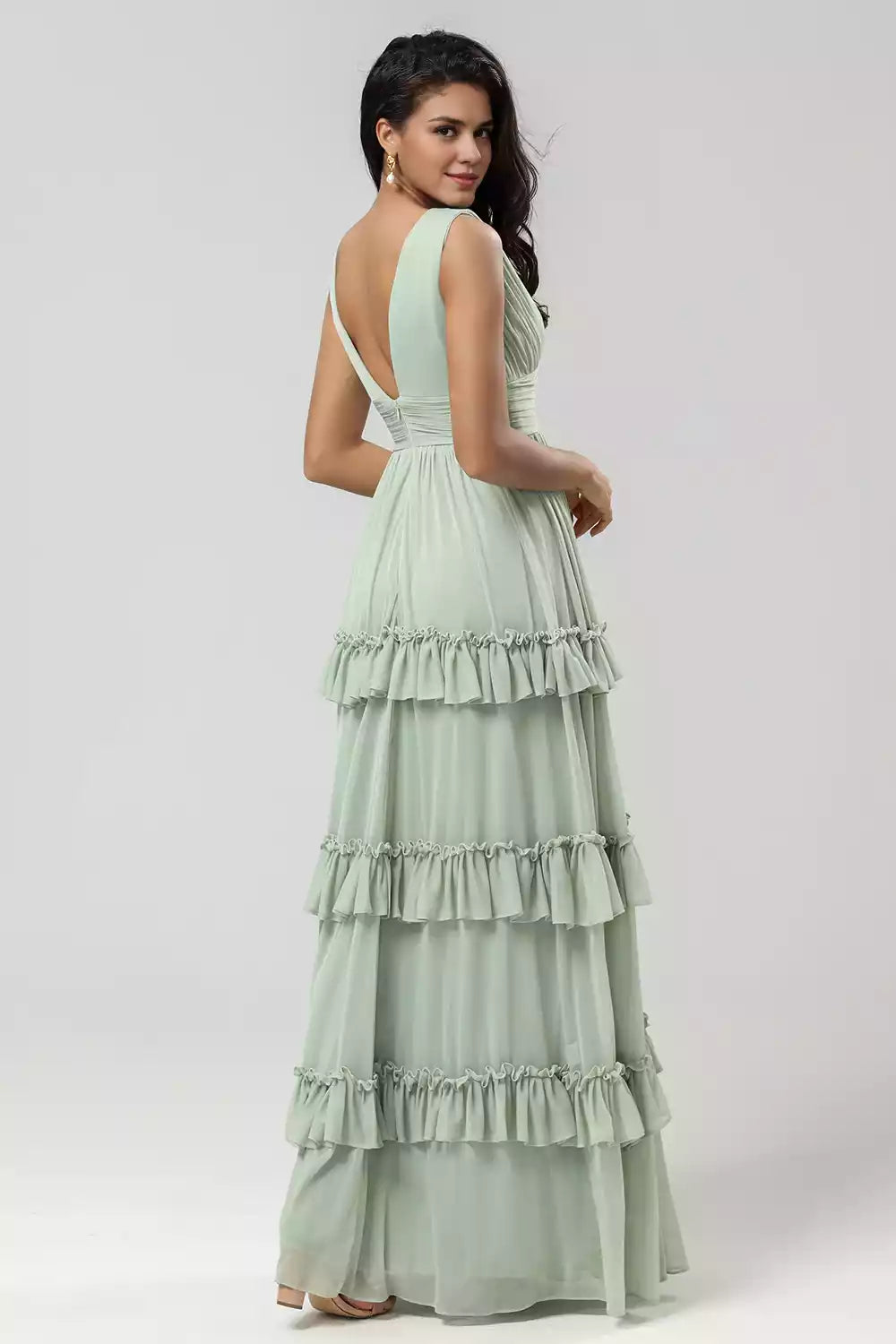 Exquisite chiffon V-neck sleeveless and floor layered ruffled Bridesmaid Dresses