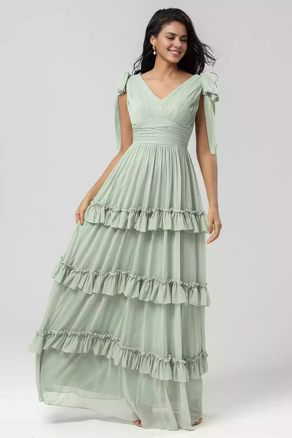 Exquisite chiffon V-neck sleeveless and floor layered ruffled Bridesmaid Dresses