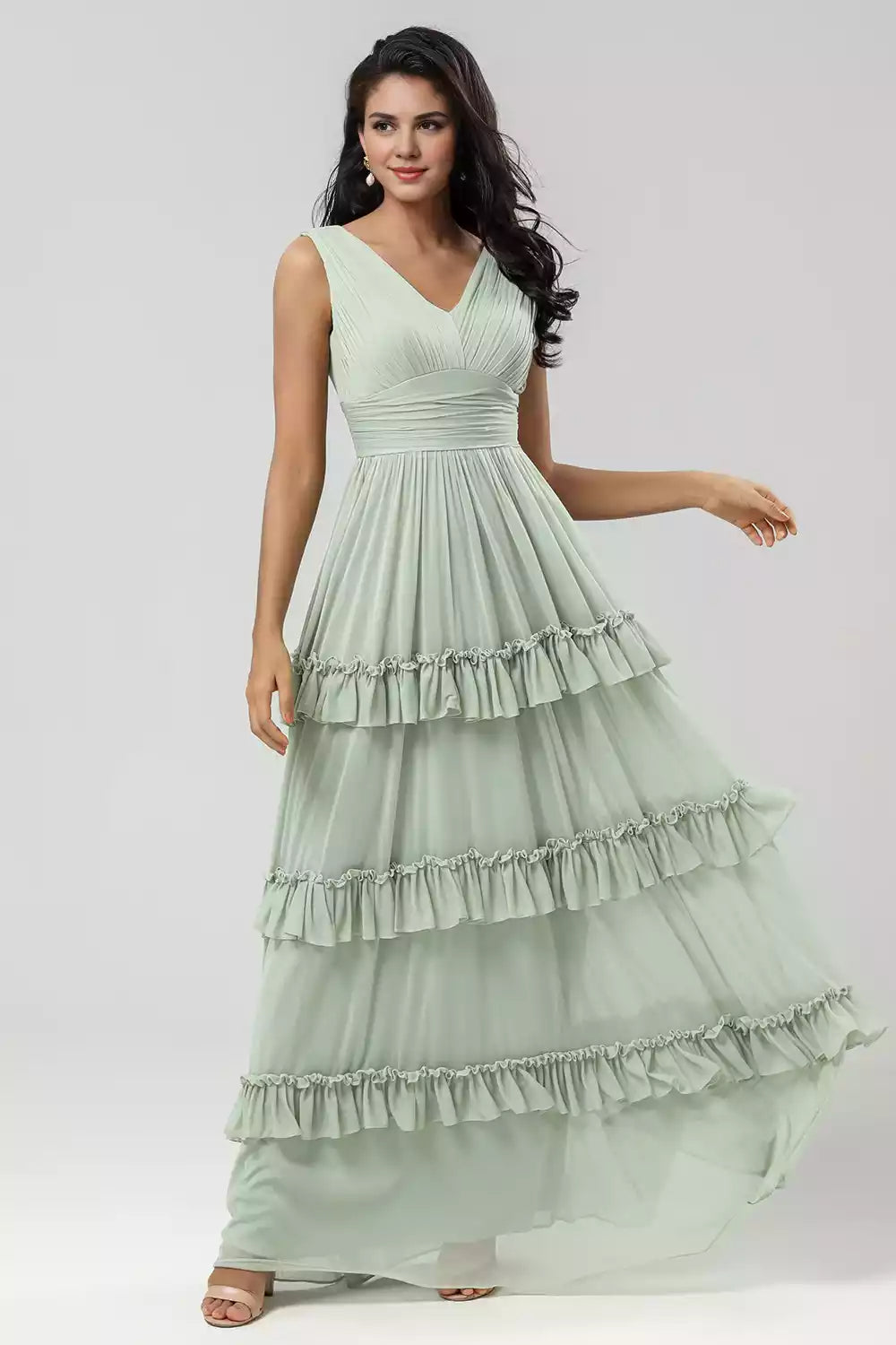 Exquisite chiffon V-neck sleeveless and floor layered ruffled Bridesmaid Dresses