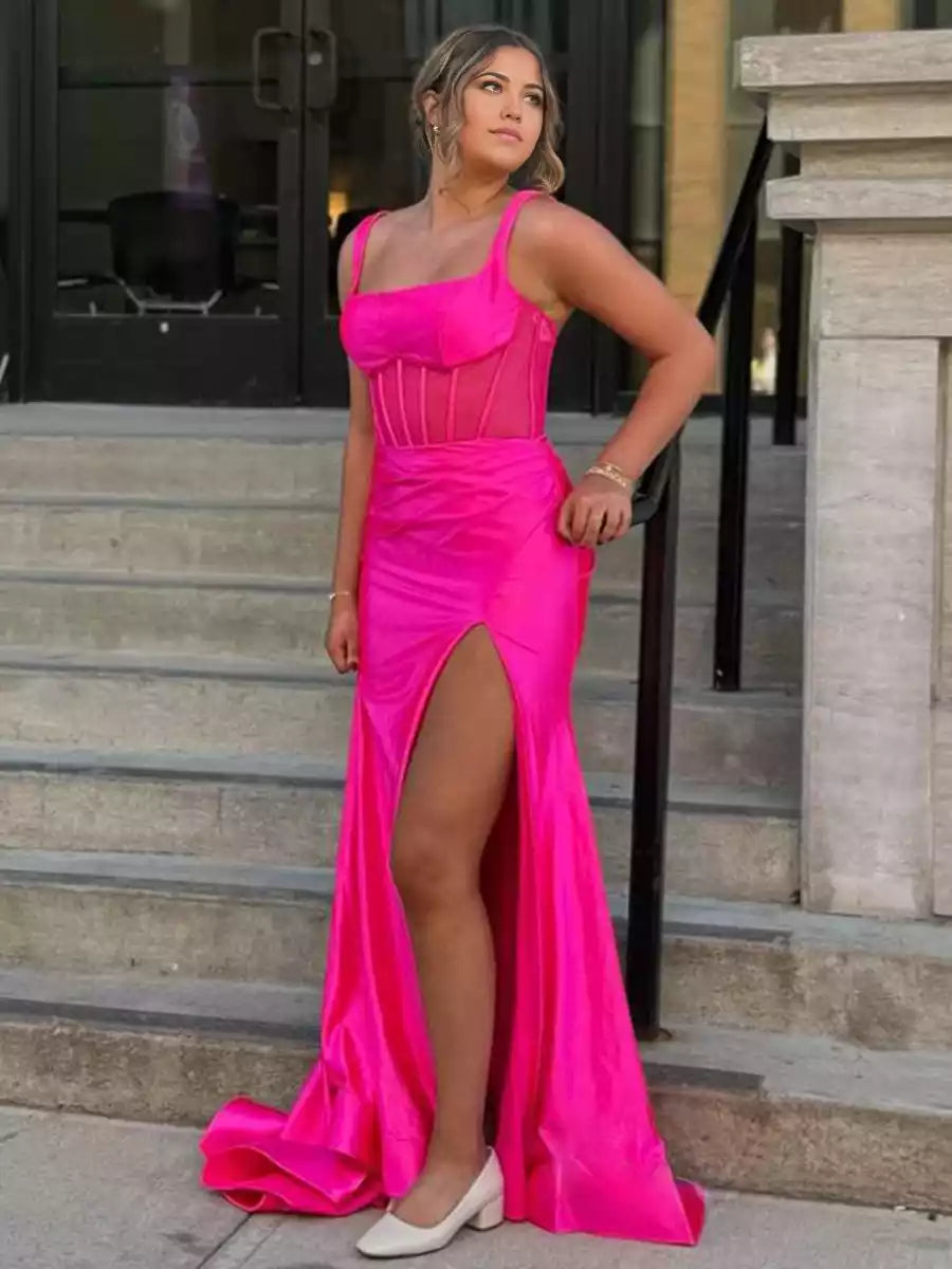 Exquisite design mermaid satin round neck sleeveless slit zipper back Prom Dresses