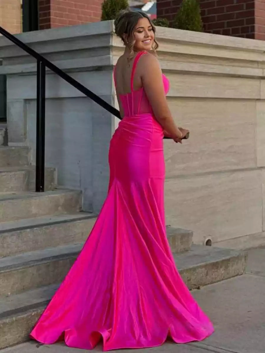 Exquisite design mermaid satin round neck sleeveless slit zipper back Prom Dresses