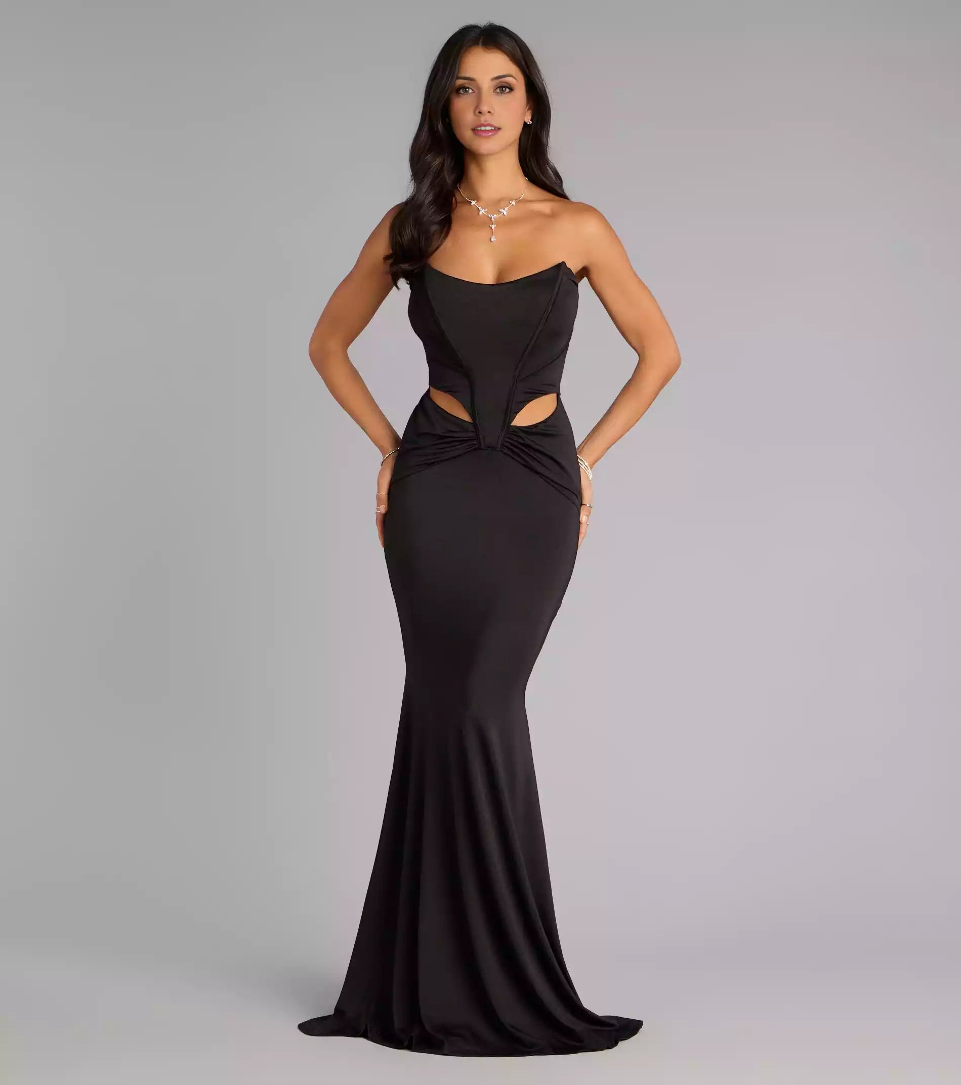 Exquisite high-quality satin strapless round neck tight corset with hollowed out pleat details on the side, mermaid Prom Dresses