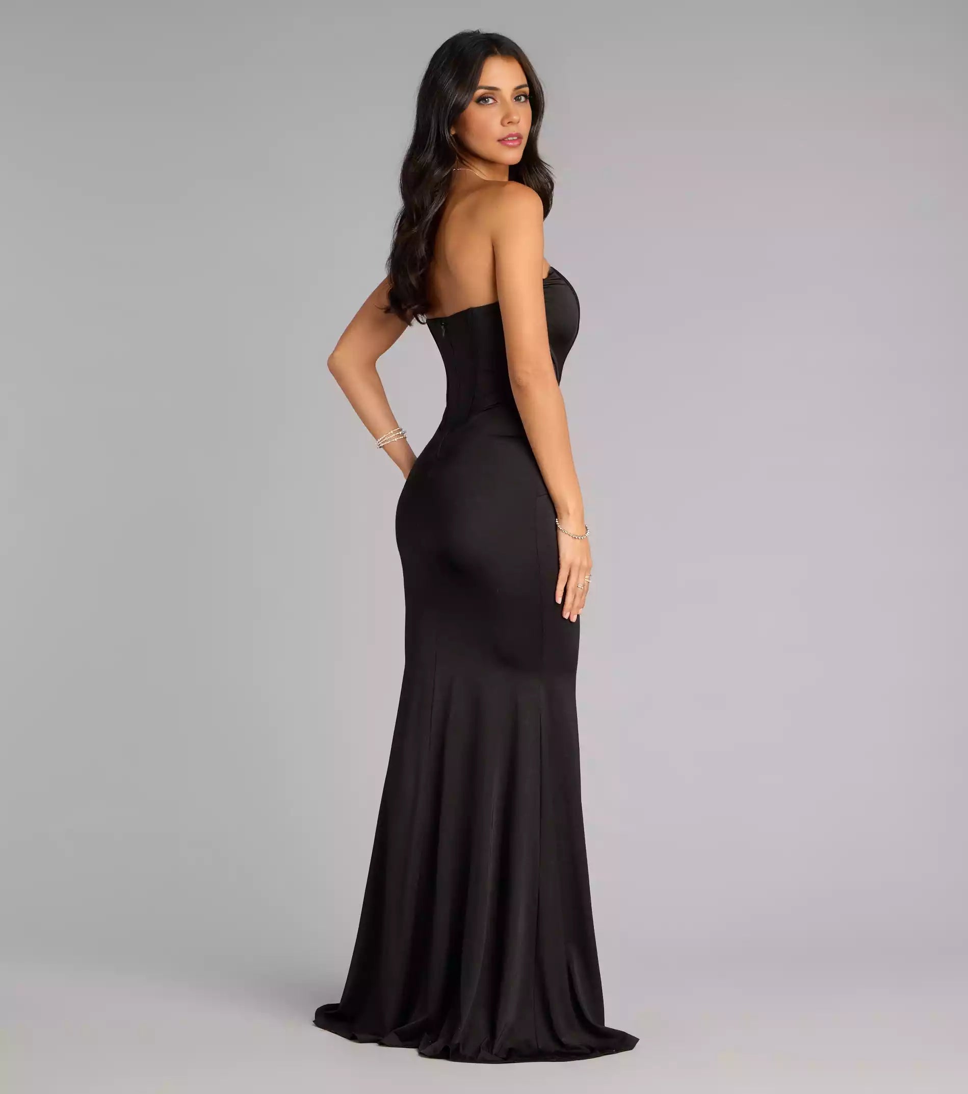 Exquisite high-quality satin strapless round neck tight corset with hollowed out pleat details on the side, mermaid Prom Dresses