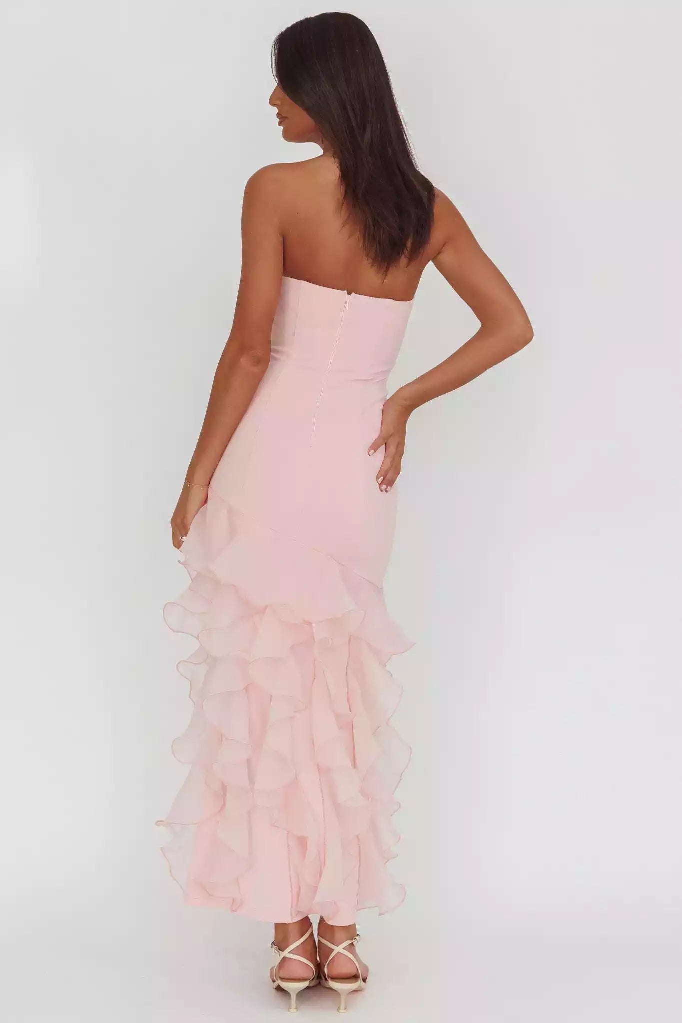 Exquisite interior strapless organza ruffle trim with zipper back Prom Dresses
