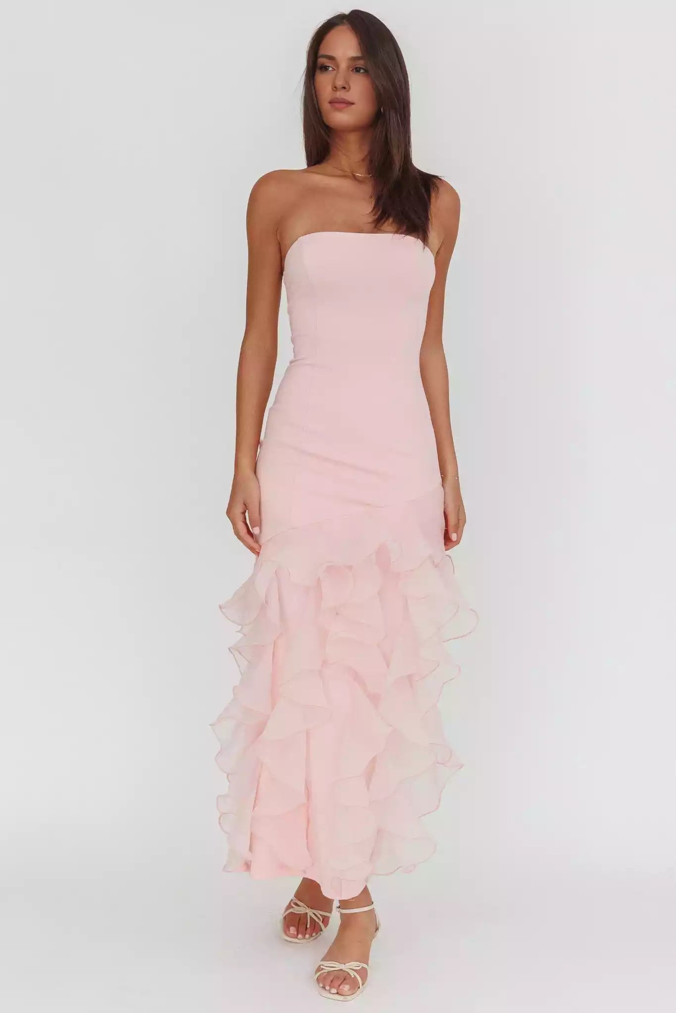 Exquisite interior strapless organza ruffle trim with zipper back Prom Dresses
