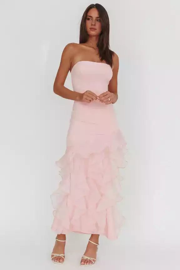 Exquisite interior strapless organza ruffle trim with zipper back Prom Dresses