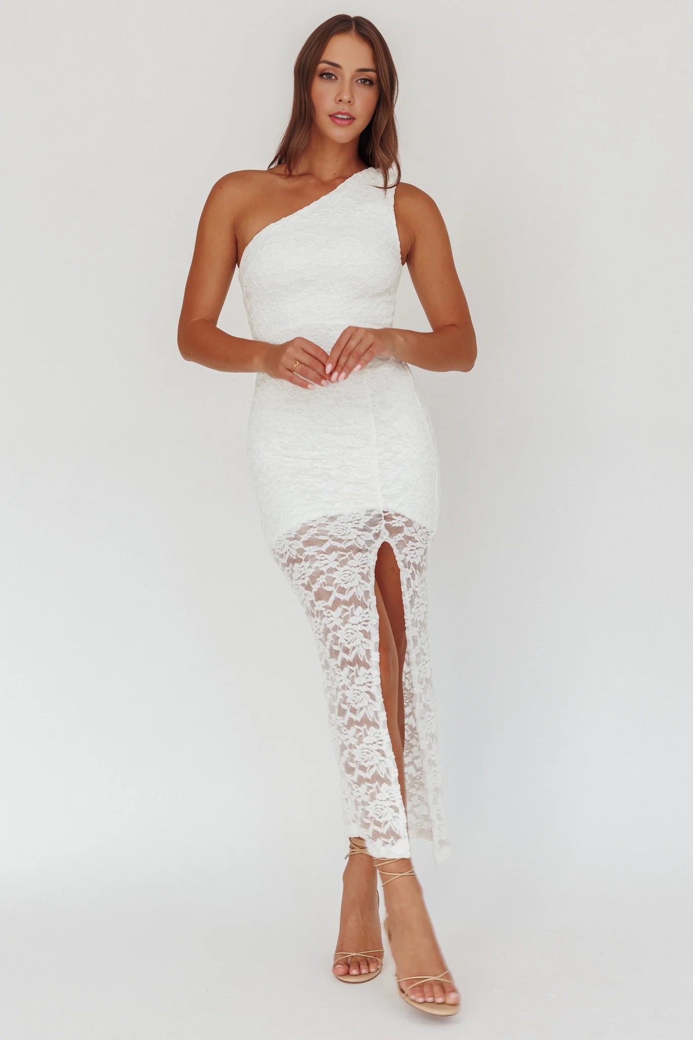 Exquisite lace overlay with pleated details, single shoulder front slit with zipper on the side Homecoming Dresses