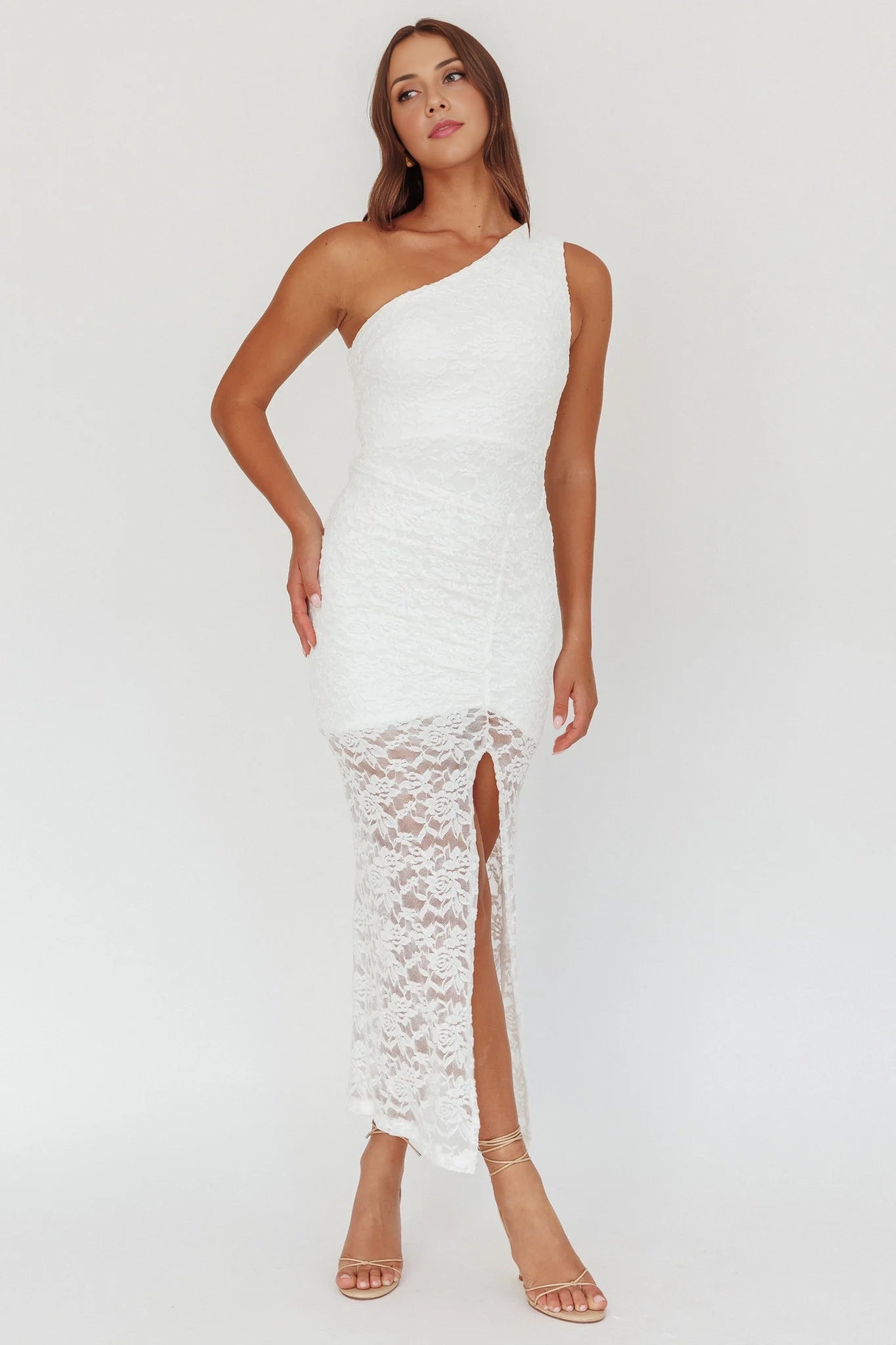 Exquisite lace overlay with pleated details, single shoulder front slit with zipper on the side Homecoming Dresses