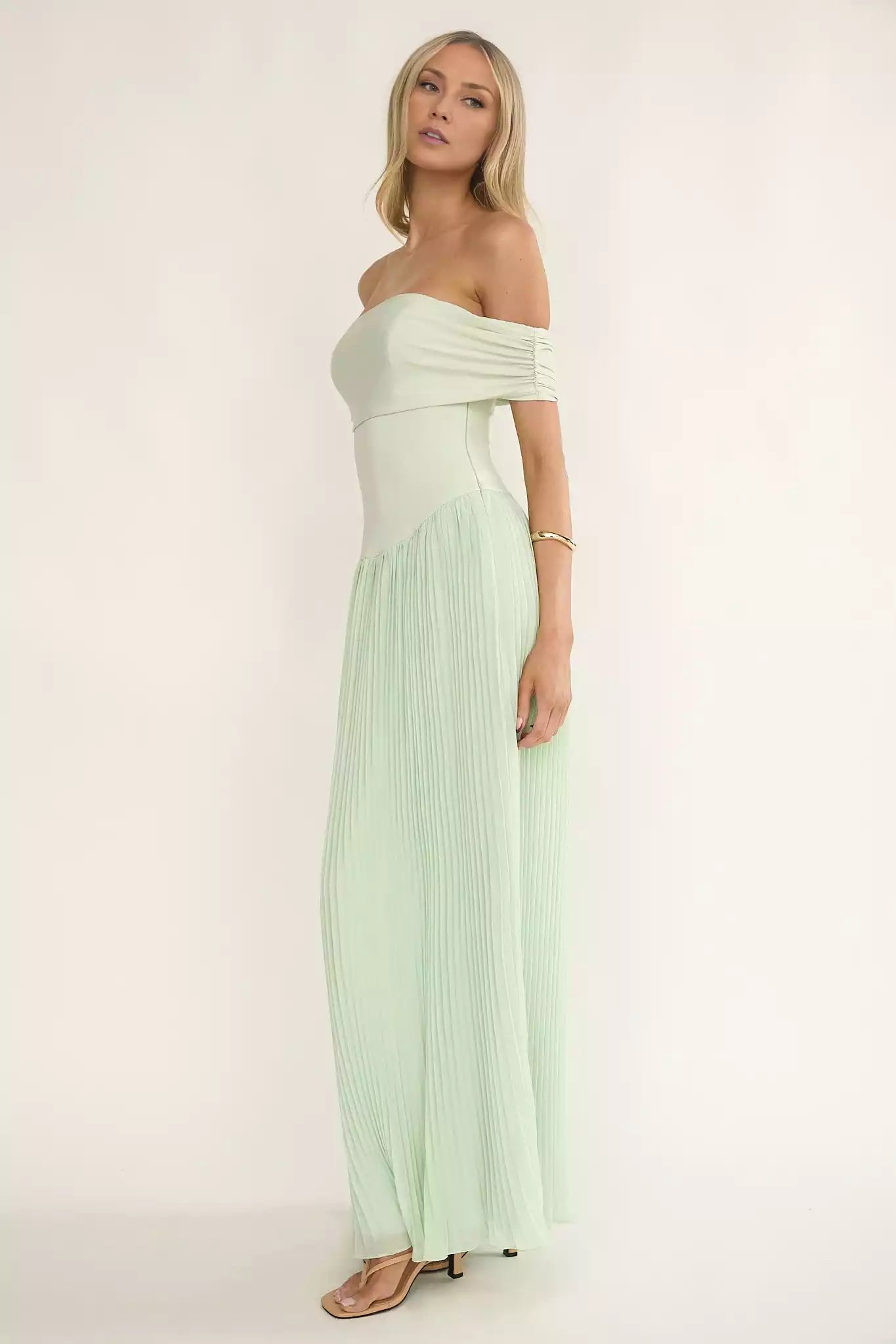 Exquisite lined off shoulder accordion pleated skirt with side zipper Prom Dresses