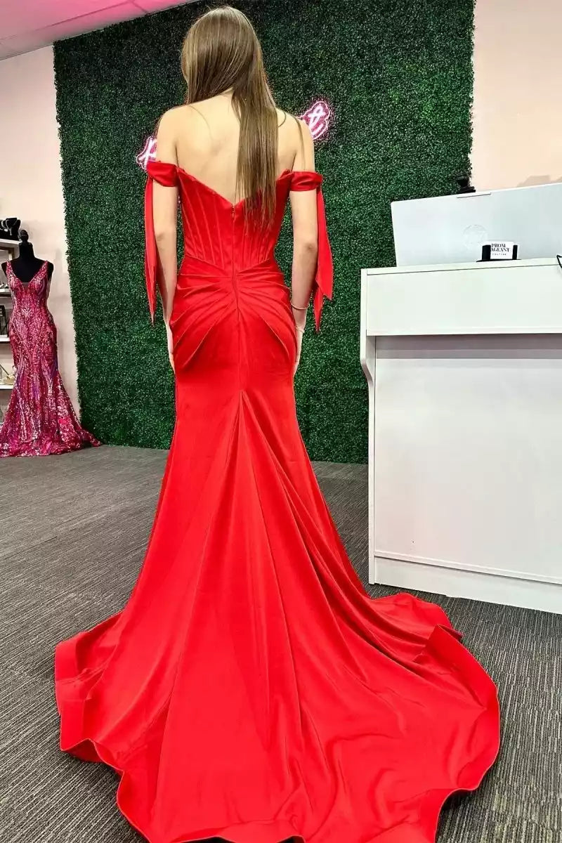 Exquisite mermaid satin off shoulder neckline sleeveless slit zipper back Prom Dresses