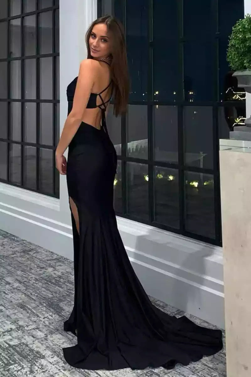 Exquisite neckband, mermaid knit, slim silhouette, slit, lace up, back Prom Dresses
