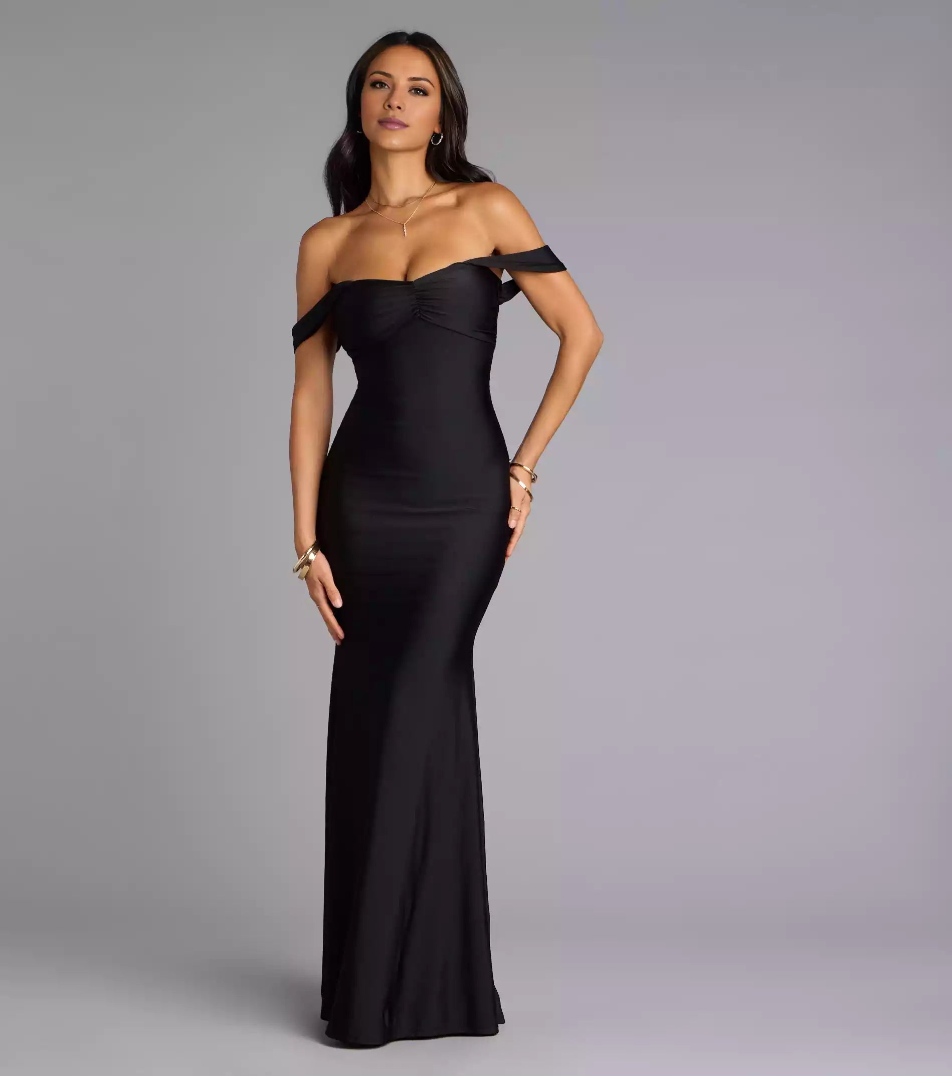 Exquisite pleated off shoulder neckline with mermaid silhouette and tailored hemline that conforms to curves Prom Dresses