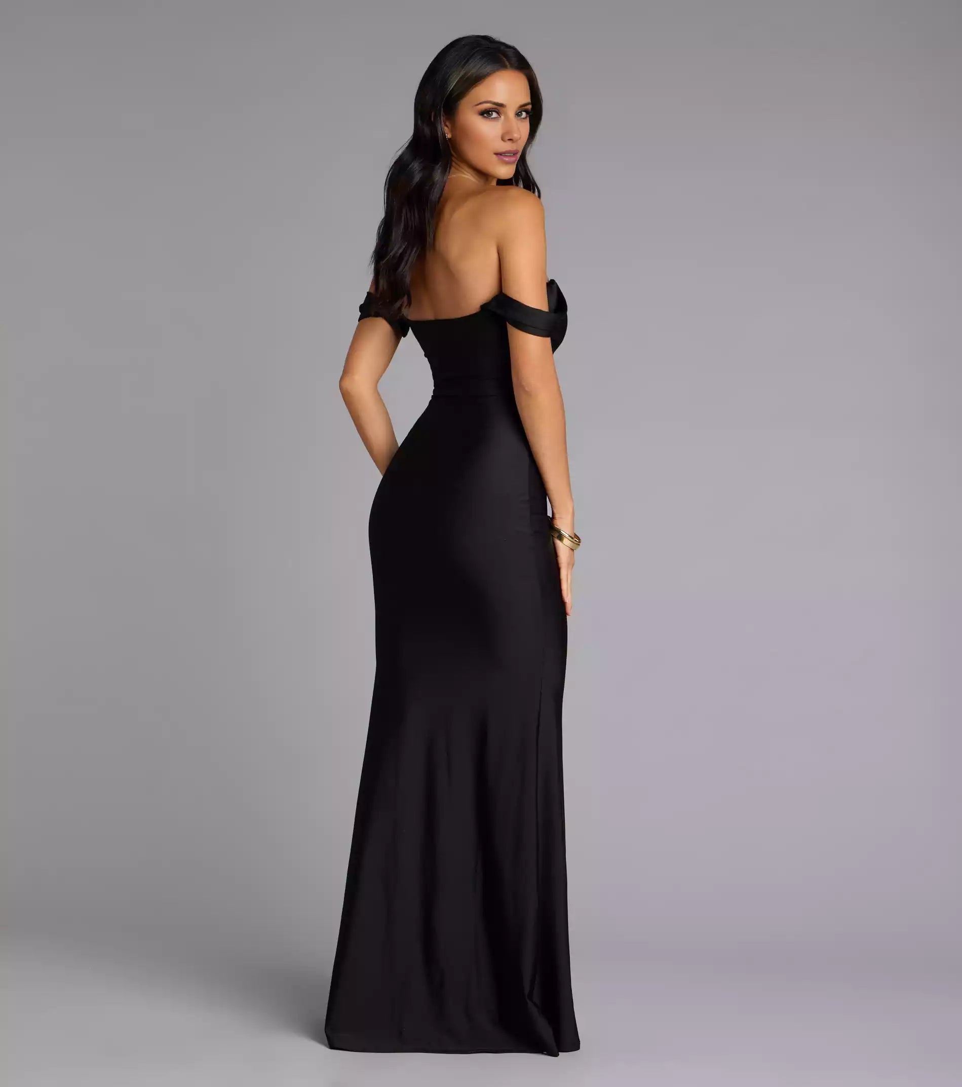 Exquisite pleated off shoulder neckline with mermaid silhouette and tailored hemline that conforms to curves Prom Dresses