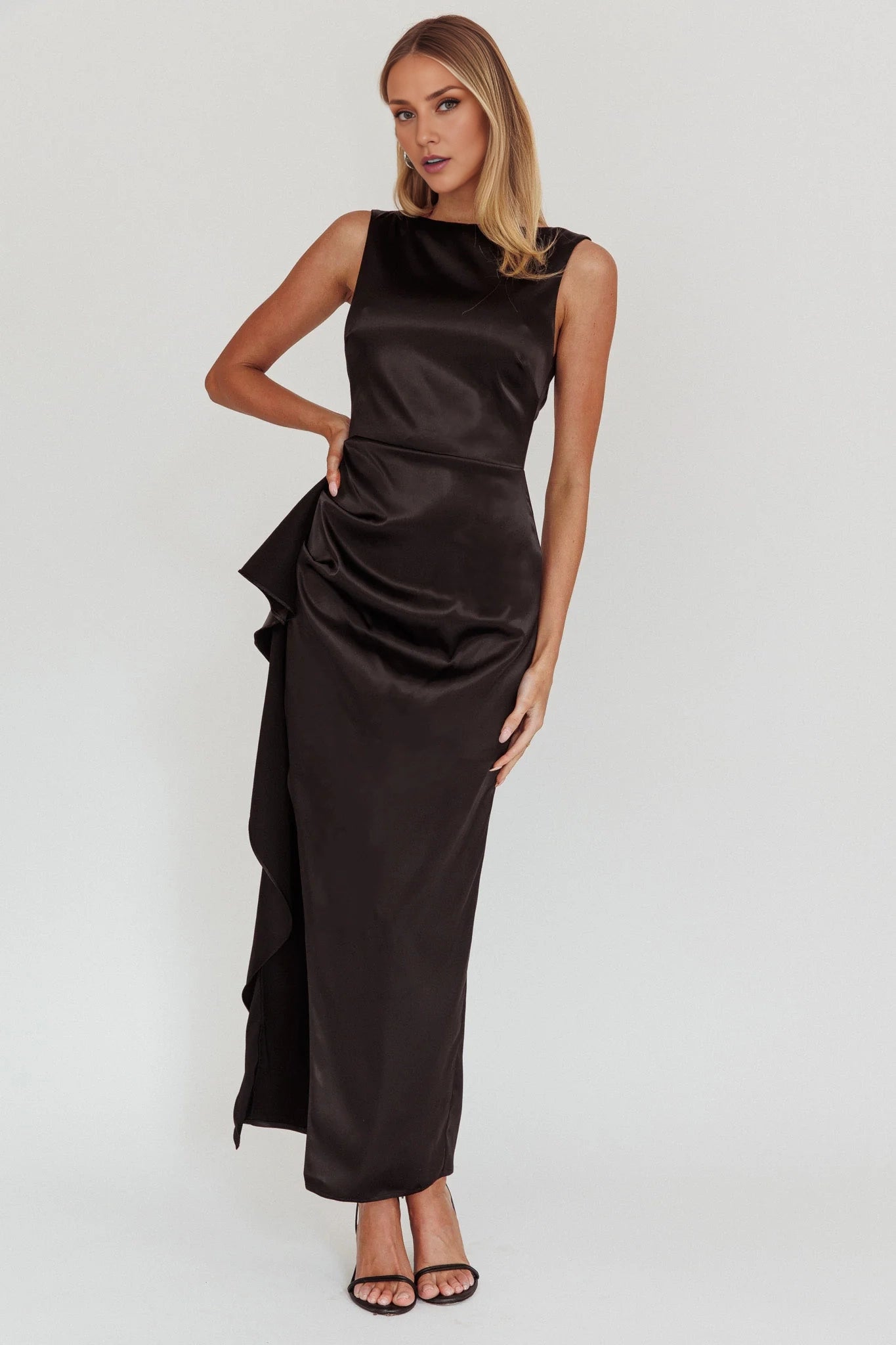 Exquisite satin boat collar with side slit and back zipper Homecoming Dresses