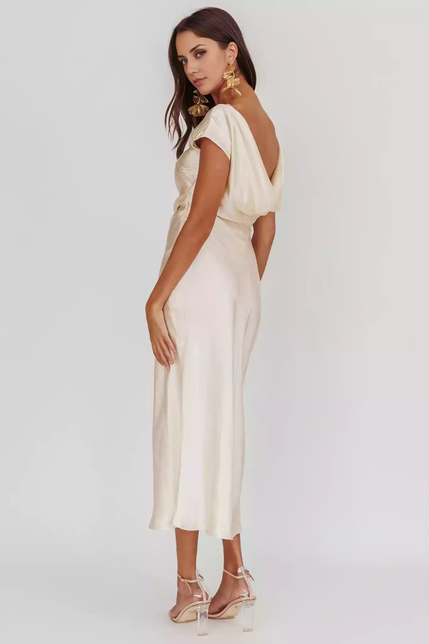 Exquisite satin long mid length backless hanging unlined hidden side zipper Prom Dresses