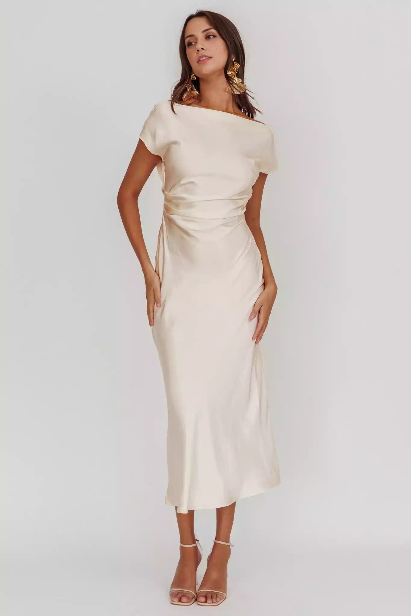 Exquisite satin long mid length backless hanging unlined hidden side zipper Prom Dresses