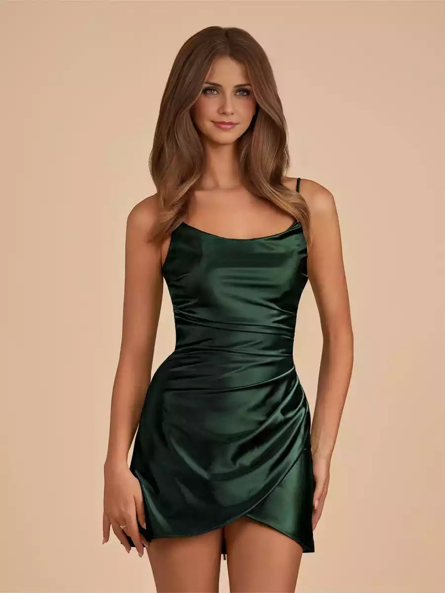 Exquisite satin thin shoulder straps, short style, sleeveless, pleated straps, back Homecoming Dresses