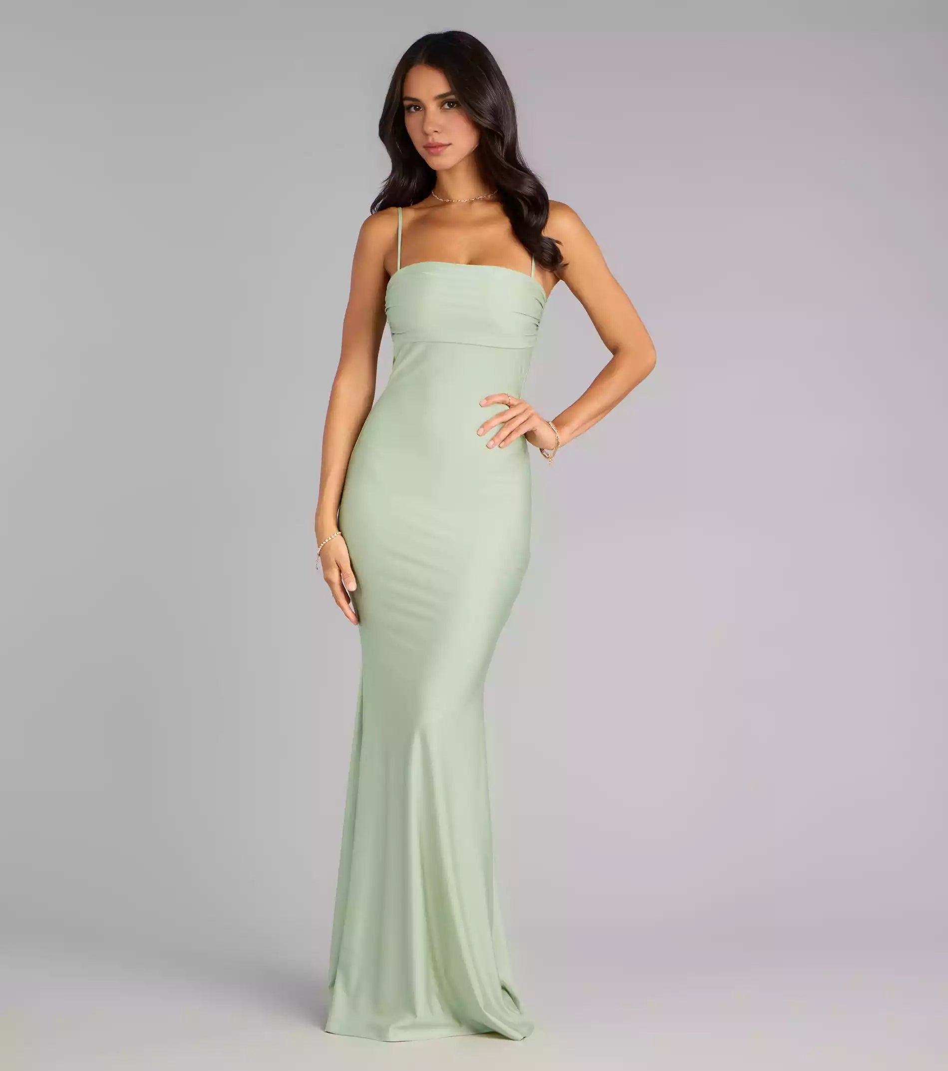 Exquisite smooth knitted square neckline with thin shoulder straps, mermaid and floor skirt, Prom Dresses