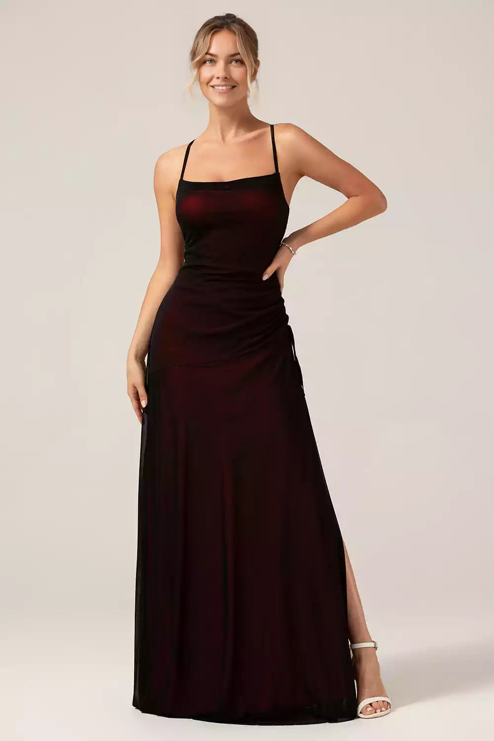 Exquisite spandex thin shoulder straps sleeveless and floor slimming split Bridesmaid Dresses