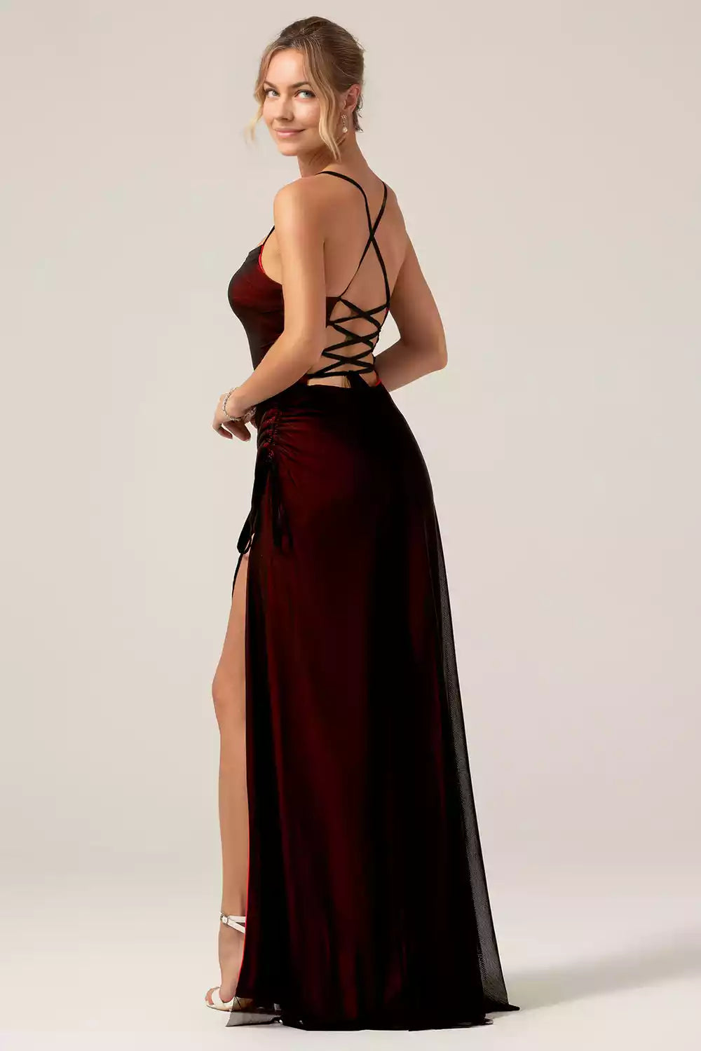 Exquisite spandex thin shoulder straps sleeveless and floor slimming split Bridesmaid Dresses