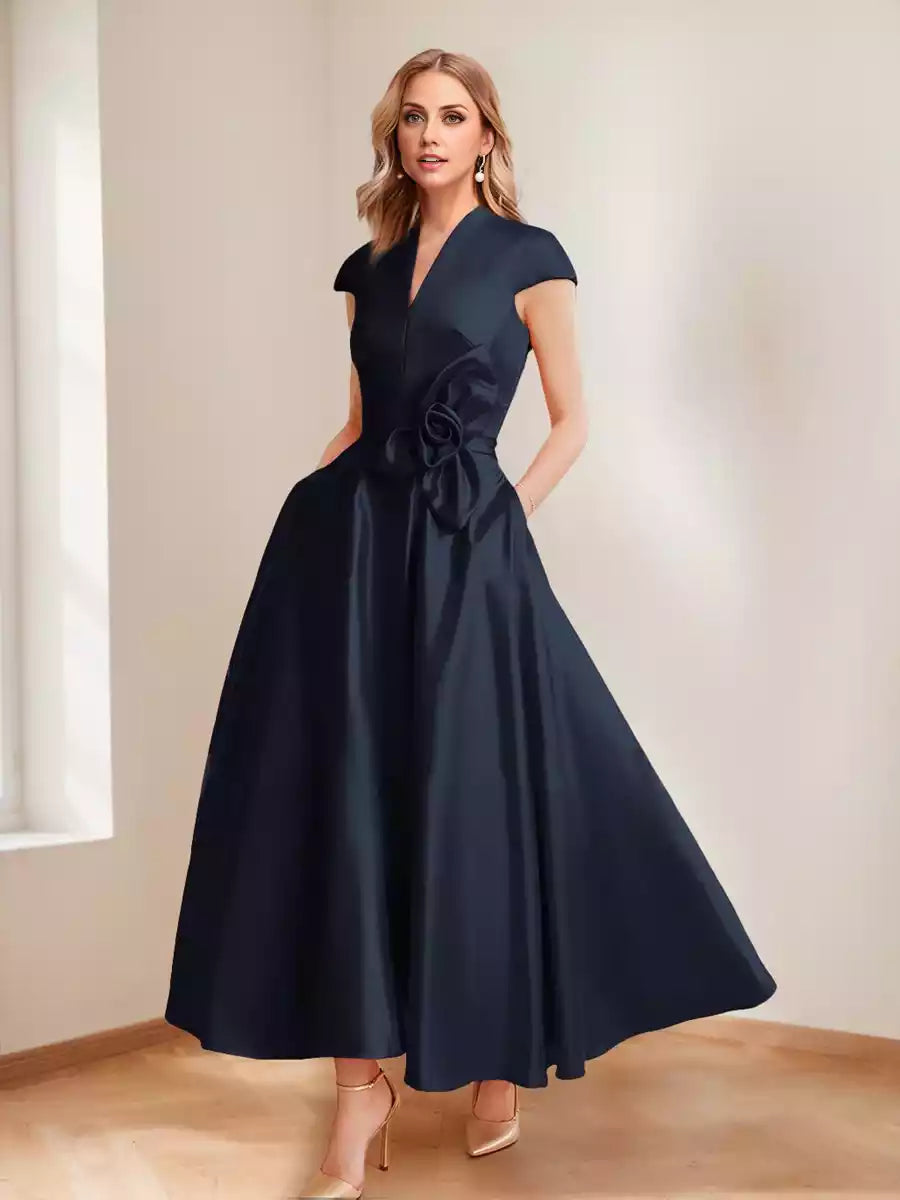 Eye catching A-line/princess V-neck short sleeved floral decoration Mother of the Bride Dresses