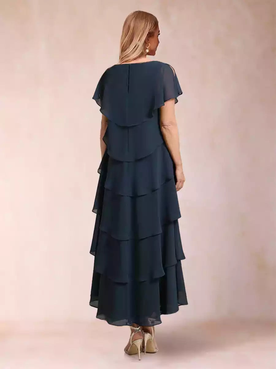 Eye catching A-line/princess style round neck short sleeved ruffled Mother of the Bride Dresses