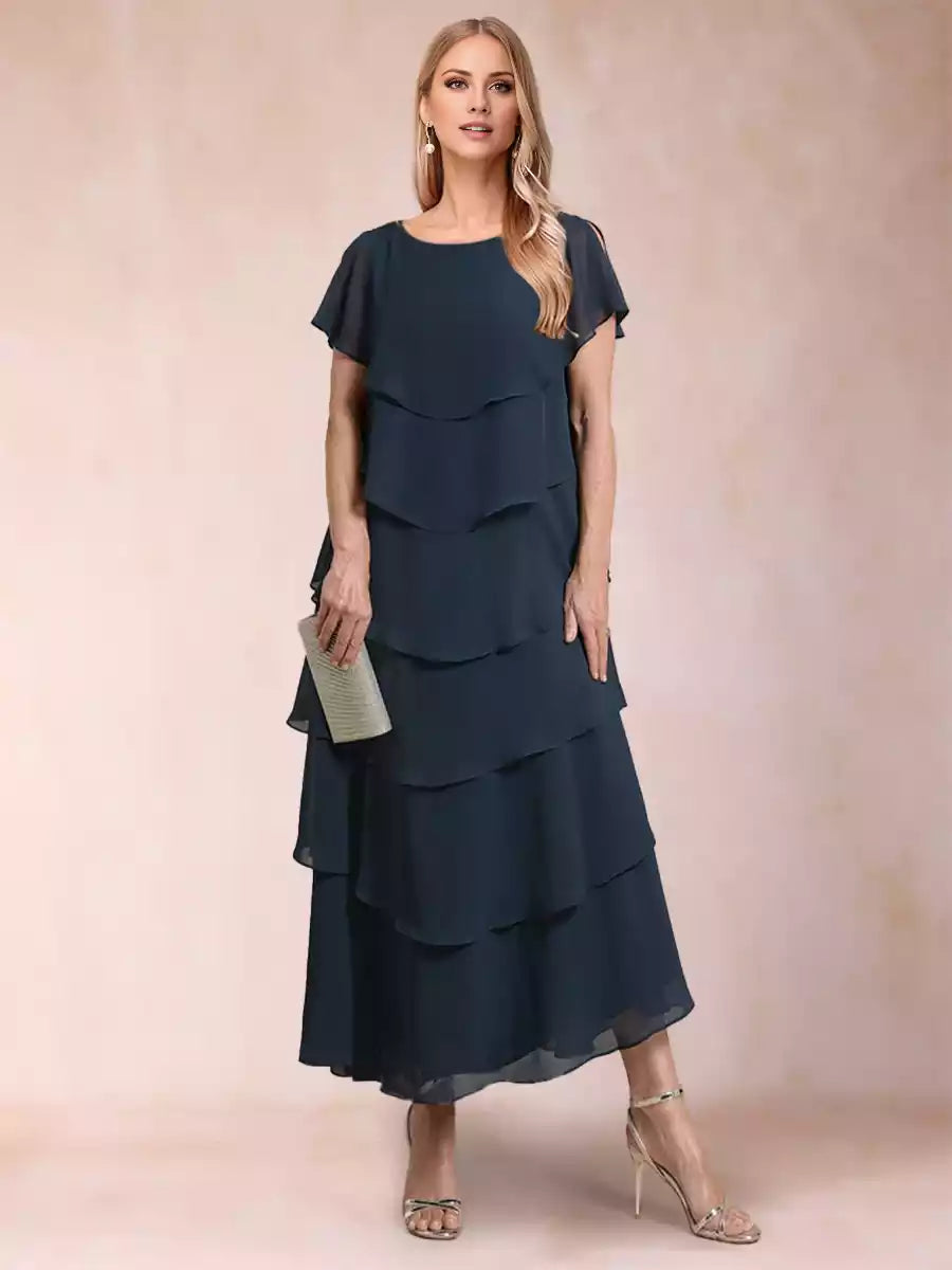 Eye catching A-line/princess style round neck short sleeved ruffled Mother of the Bride Dresses