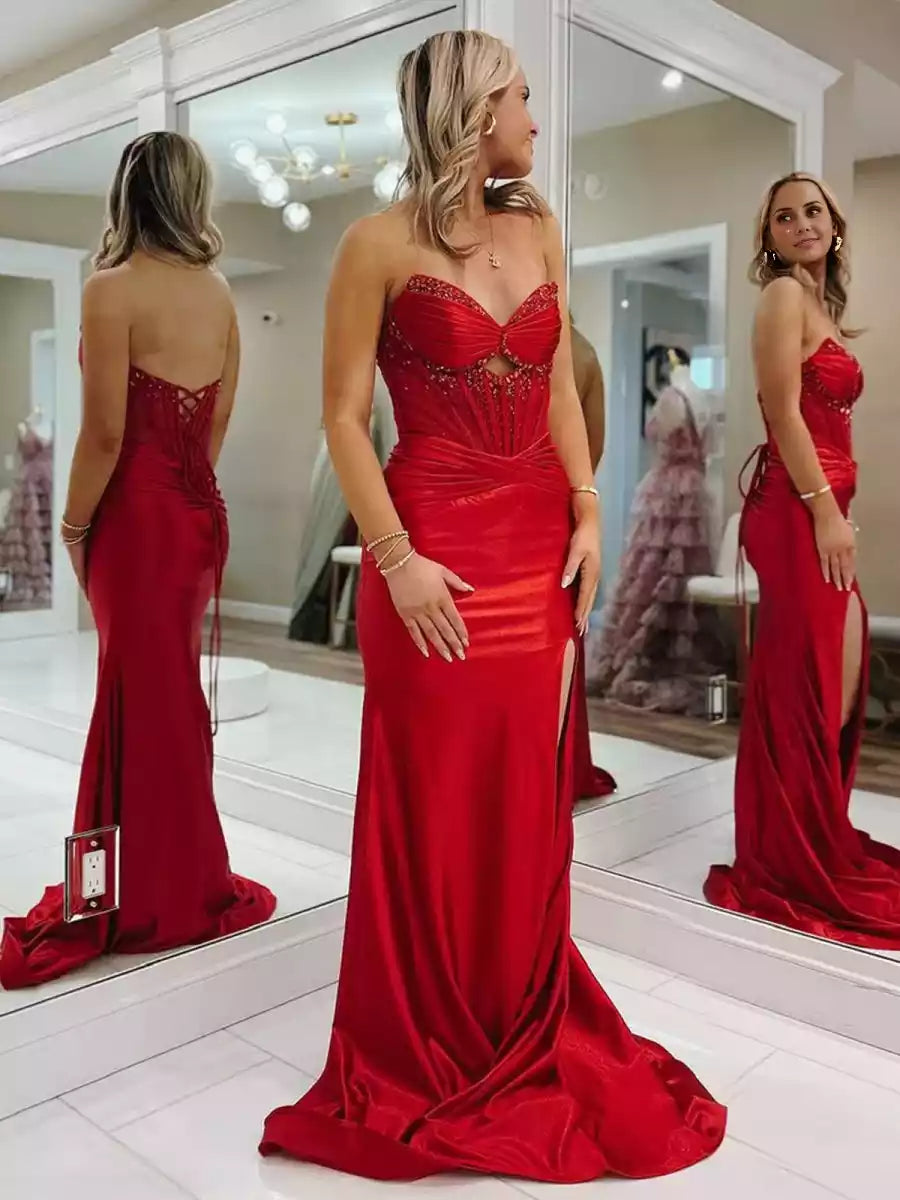 Eye catching mermaid satin V-neck long trailing sleeveless lock hole and cracked lace up back Prom Dresses