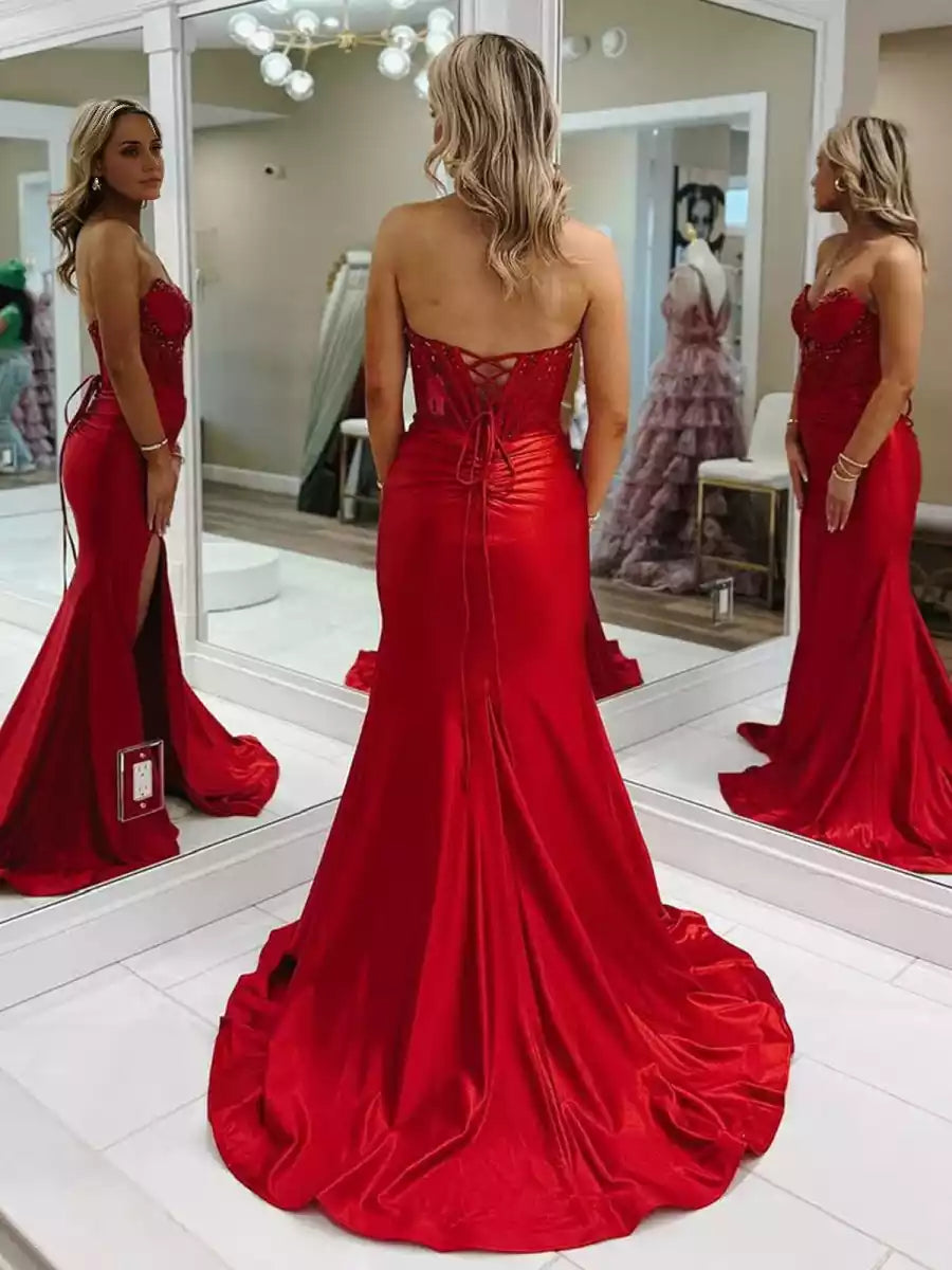 Eye catching mermaid satin V-neck long trailing sleeveless lock hole and cracked lace up back Prom Dresses