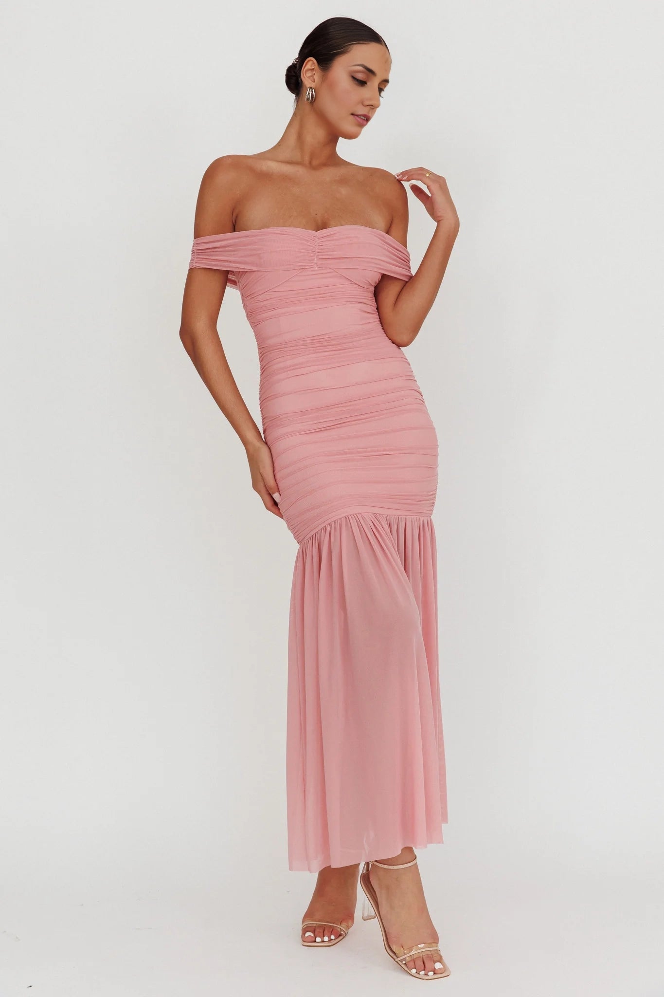 Eye catching off shoulder extra long invisible back zipper chest pad pleated mesh overlay Homecoming Dresses