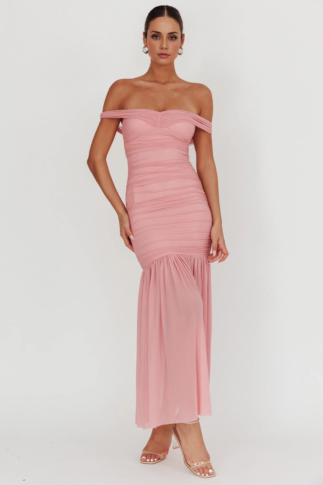 Eye catching off shoulder extra long invisible back zipper chest pad pleated mesh overlay Homecoming Dresses