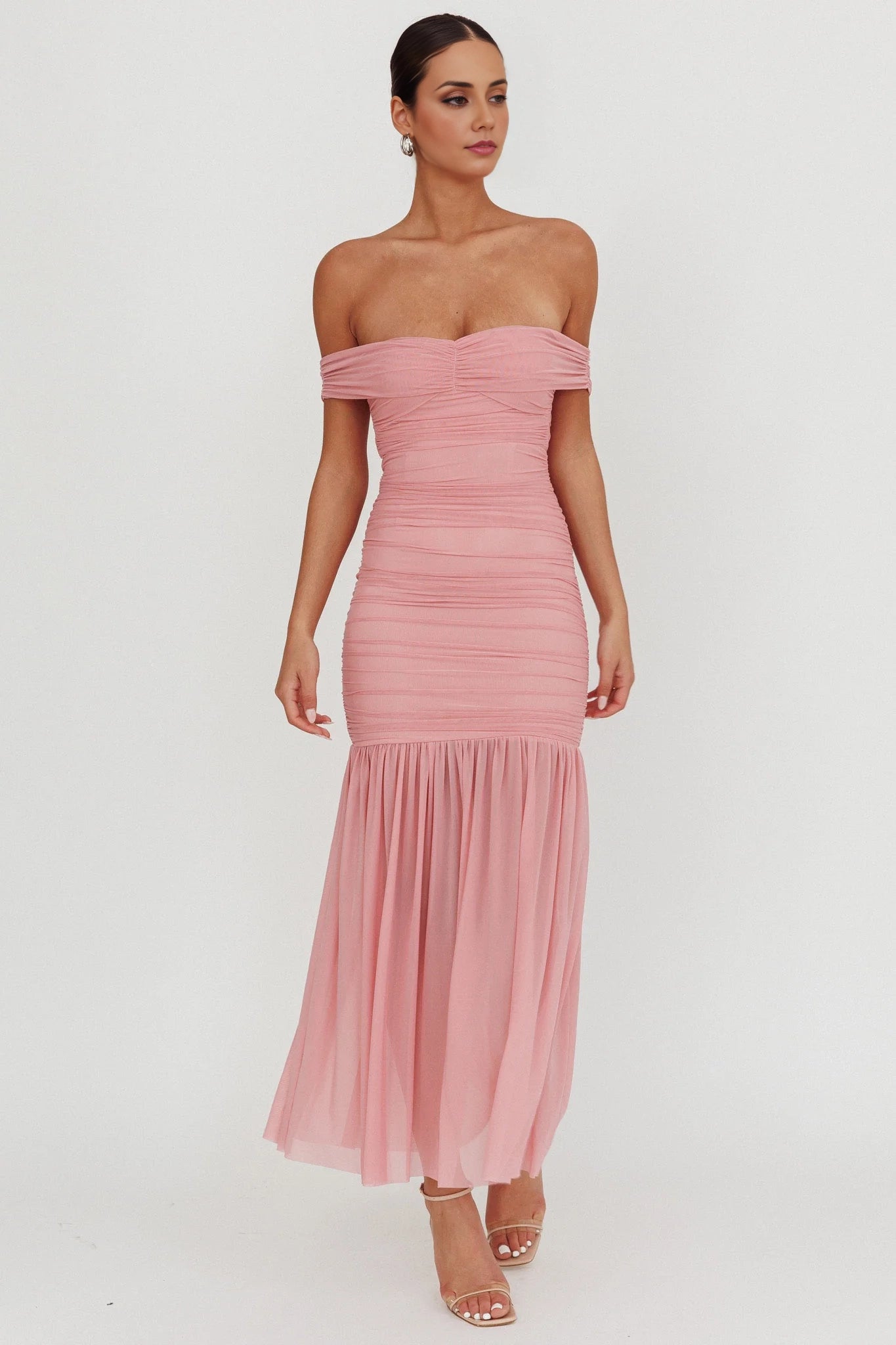 Eye catching off shoulder extra long invisible back zipper chest pad pleated mesh overlay Homecoming Dresses
