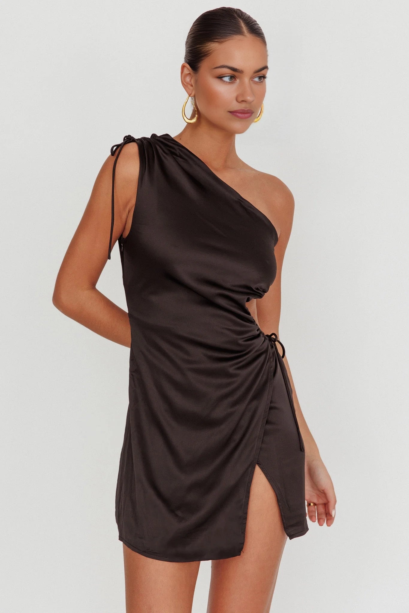 Eye catching one shoulder mini waist cut with pleats and hidden side zippers on the shoulders Homecoming Dresses
