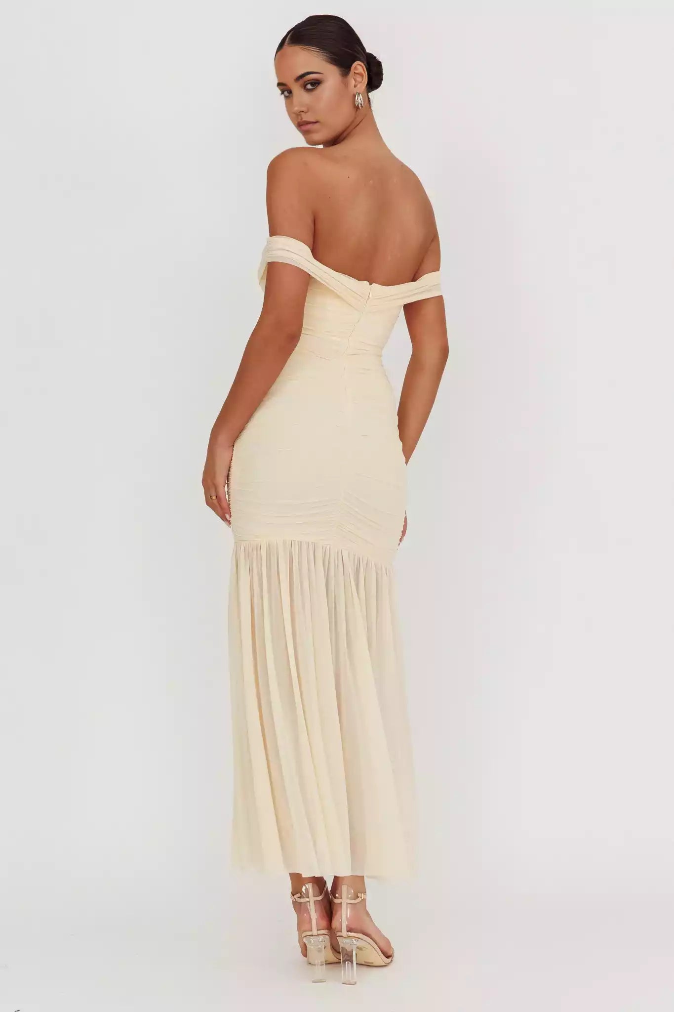 Eye catching pleated mesh off the shoulder, ultra long invisible back zipper lining Prom Dresses