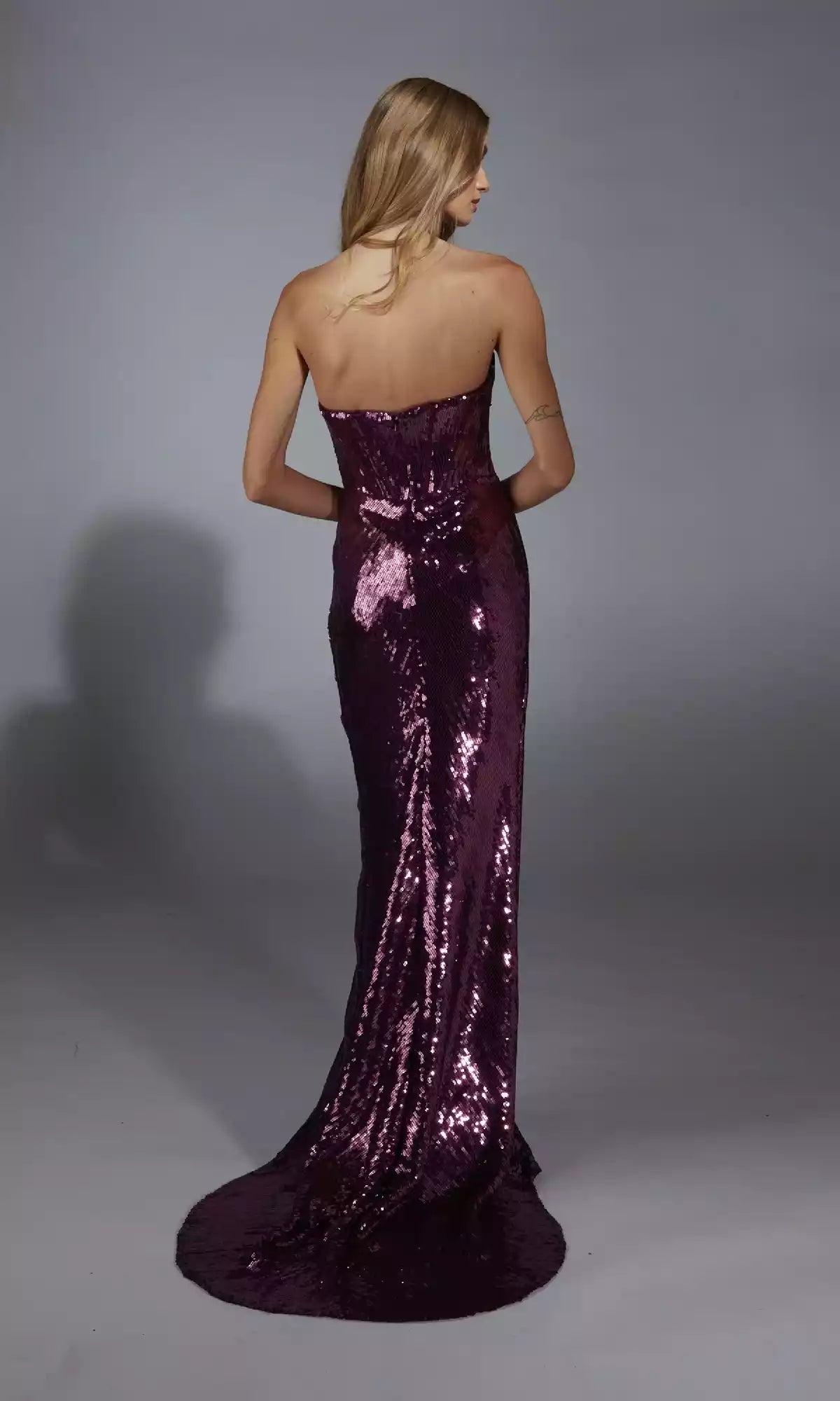 Eye catching strapless long sequined corset with skirt slit and zipper at the back Prom Dresses
