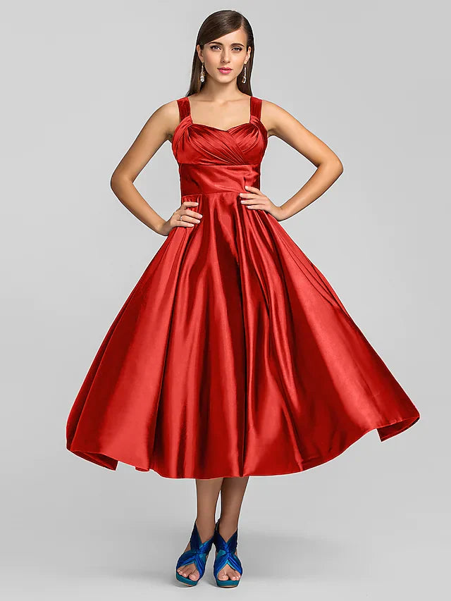 DingjiA-Line Minimalist Elegant Cocktail Party Wedding Party Dress Square Neck Sleeveless Tea Length Stretch Satin with Criss Cross