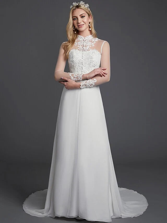DingjiA-Line Wedding Dresses High Neck Court Train Chiffon Lace Long Sleeve Vintage Plus Size Backless with Lace Buttons