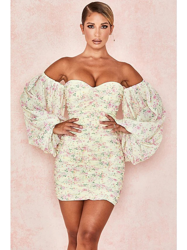 DingjiSexy Floral Party Wear Cocktail Party Dress Off Shoulder Long Sleeve Short Mini Spandex with Ruched Pattern Print