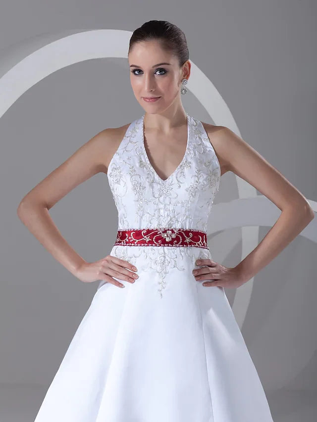 A-Line Wedding Dresses Halter Neck Chapel Train Satin Regular Straps with Sashes Ribbons Beading Embroidery