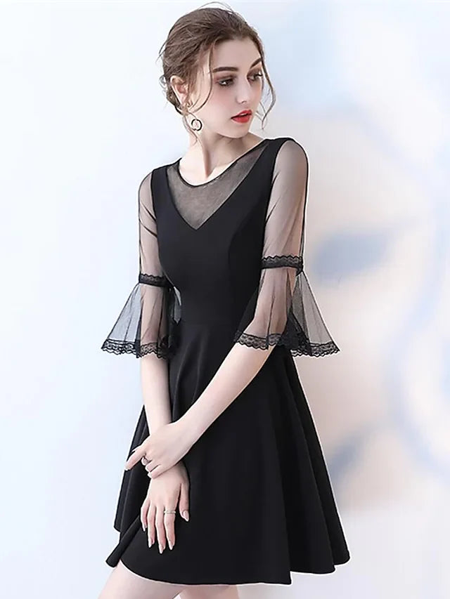 DingjiA-Line Minimalist Sexy Engagement Cocktail Party Dress Jewel Neck Half Sleeve Knee Length Tulle with Pleats